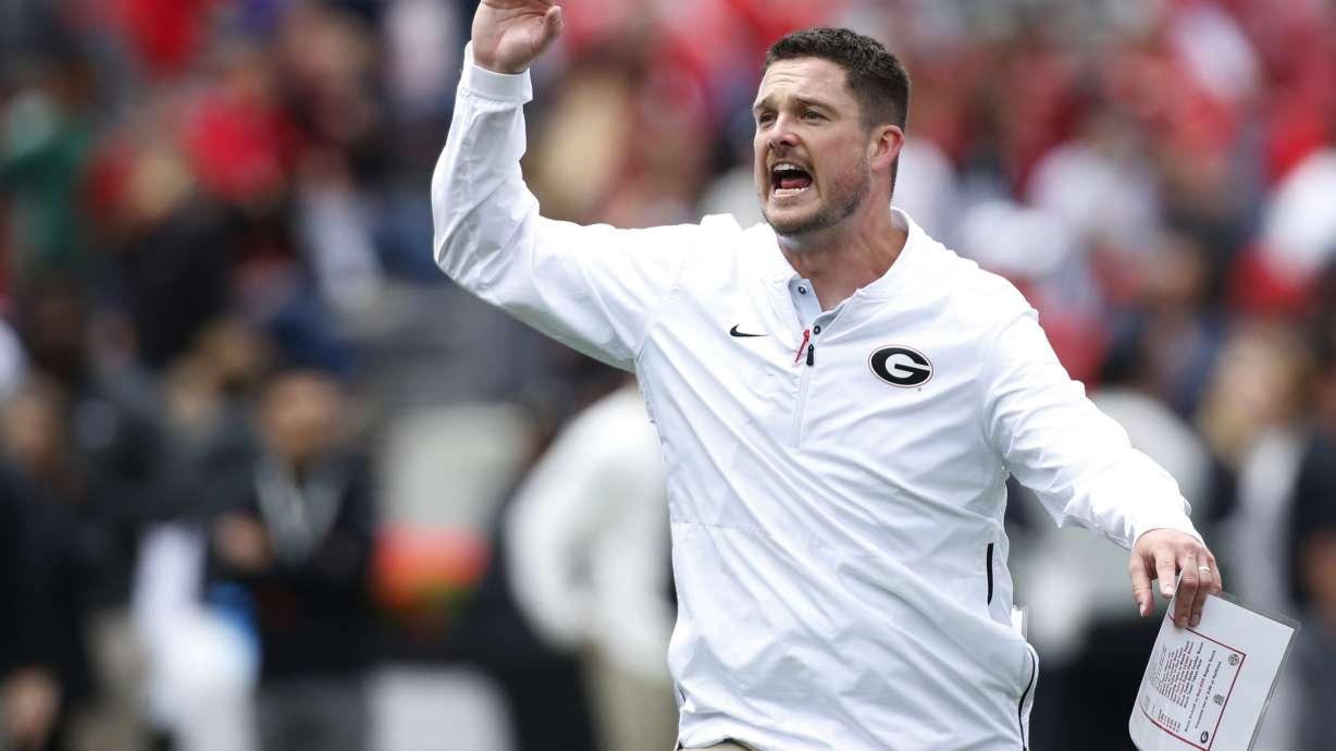 Georgia defensive coordinator Dan Lanning during warm ups before an NCAA football spring G-Day game in Athens, Ga., on April 20, 2019. Oregon has hired Georgia defensive coordinator Dan Lanning as its next head coach, a person involved in the negotiations told The Associated Press on Saturday, Dec. 11, 2021.