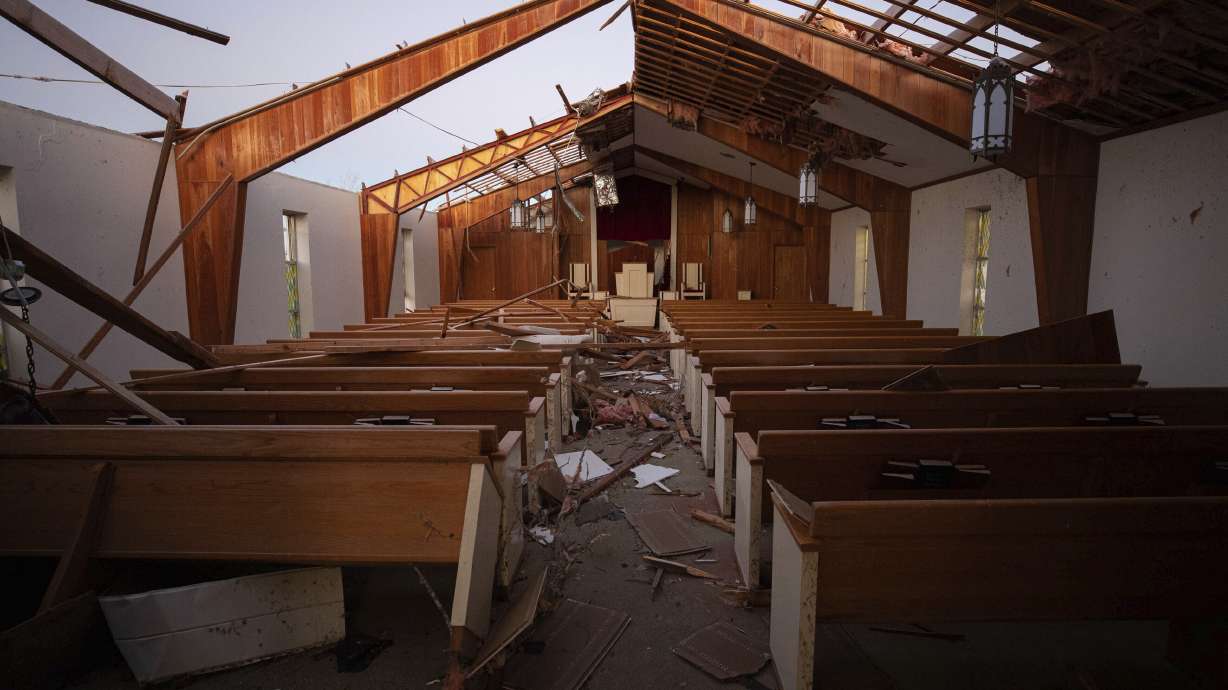 The remains of Dawson Springs Primitive Baptist Church after a tornado in Dawson Springs, Ky., Sunday.
