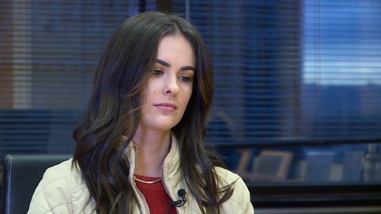 Kaytri Flint, who says Utah State University mishandled her report of rape, speaks about her experience at her attorneys' office in downtown Salt Lake City on Monday.
