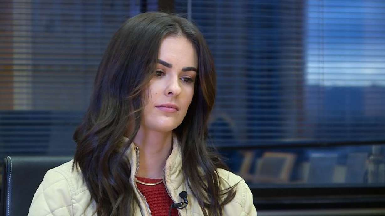 Kaytri Flint, who says Utah State University mishandled her report of rape, speaks about her experience at her attorneys' office in downtown Salt Lake City on Monday.