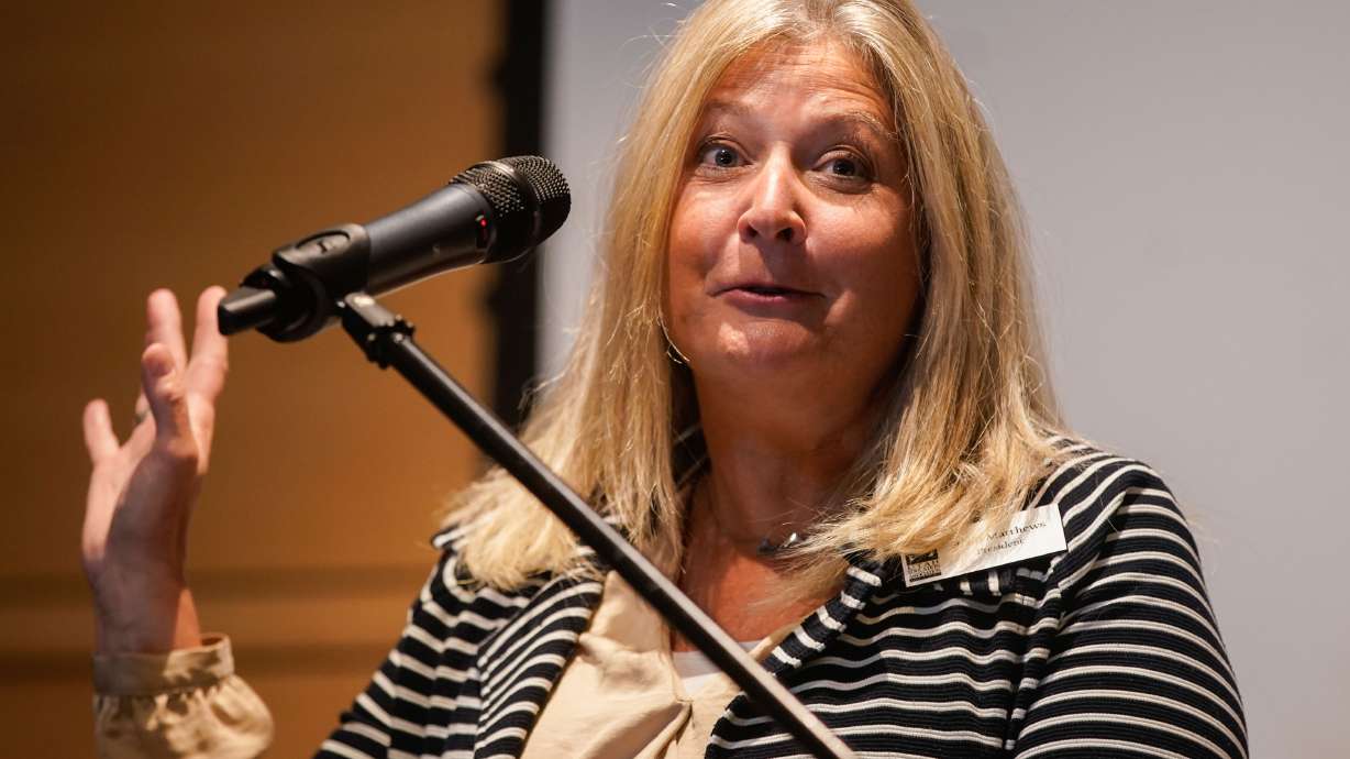 Utah Education Association President Heidi Matthews speaks during a press conference addressing the recent rise in censorship in Utah school libraries and to announce an e-book designed to help parents navigate the issue at Salt Lake City Public Library in Salt Lake City on Tuesday.