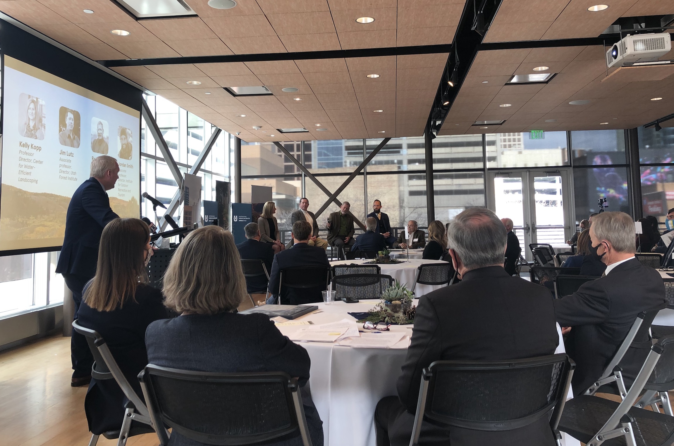Four Utah State University faculty researchers and co-authors of the "2021 Report to the Governor on Utah's Land, Water and Air" speak during a panel discussion at the Gallivan Center in Salt Lake City Tuesday.
