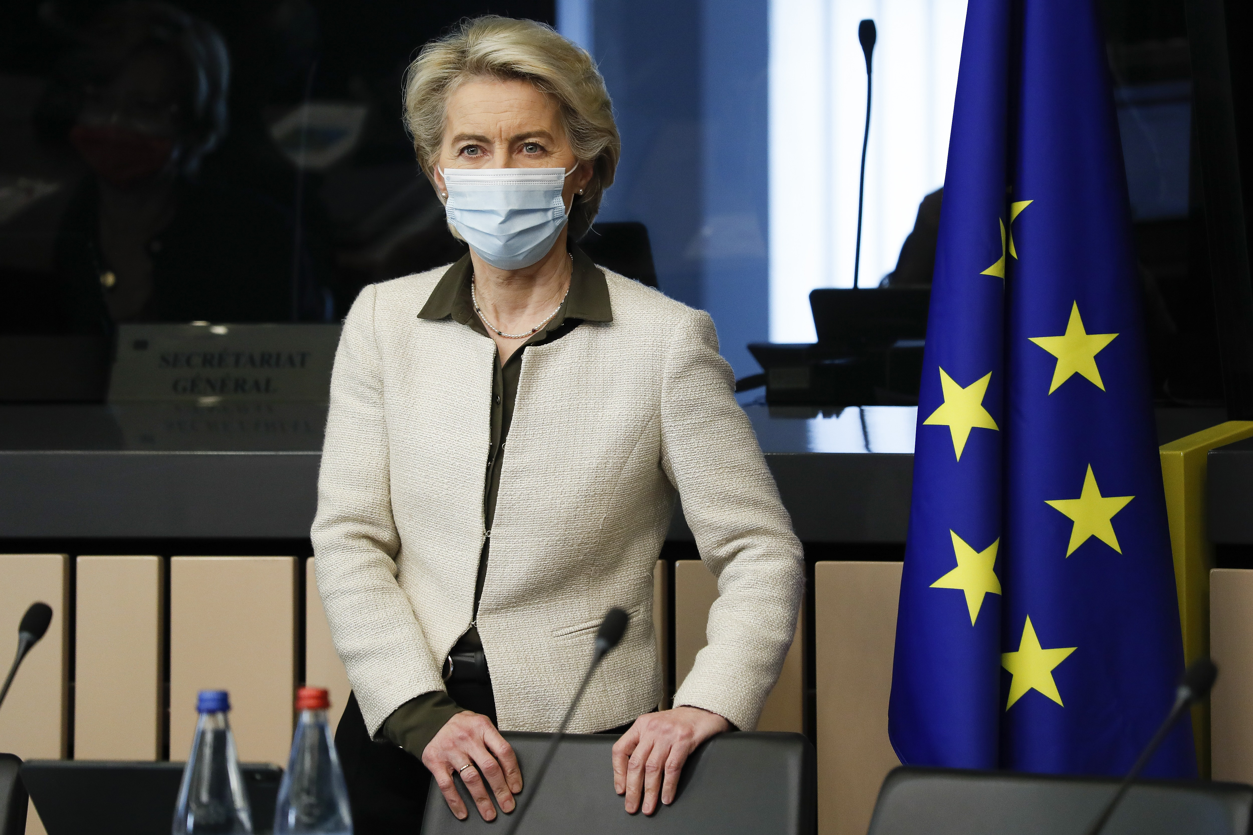 European Commission President Ursula von der Leyen arrives for a meeting in Strasbourg, France, Tuesday. Omicron is expected to be the dominant coronavirus variant in the European Union's 27 nations by mid-January, the bloc's top official said Wednesday.
