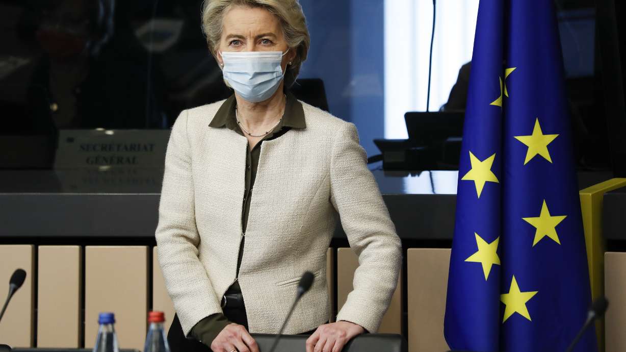 European Commission President Ursula von der Leyen arrives for a meeting in Strasbourg, France, Tuesday. Omicron is expected to be the dominant coronavirus variant in the European Union's 27 nations by mid-January, the bloc's top official said Wednesday.