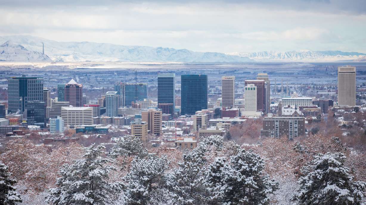The Salt Lake City skyline on Friday, Dec. 10. The Redevelopment Agency of Salt Lake City will require new building projects to take steps to be more "climate-friendly" through a new rule passed by the agency this week.