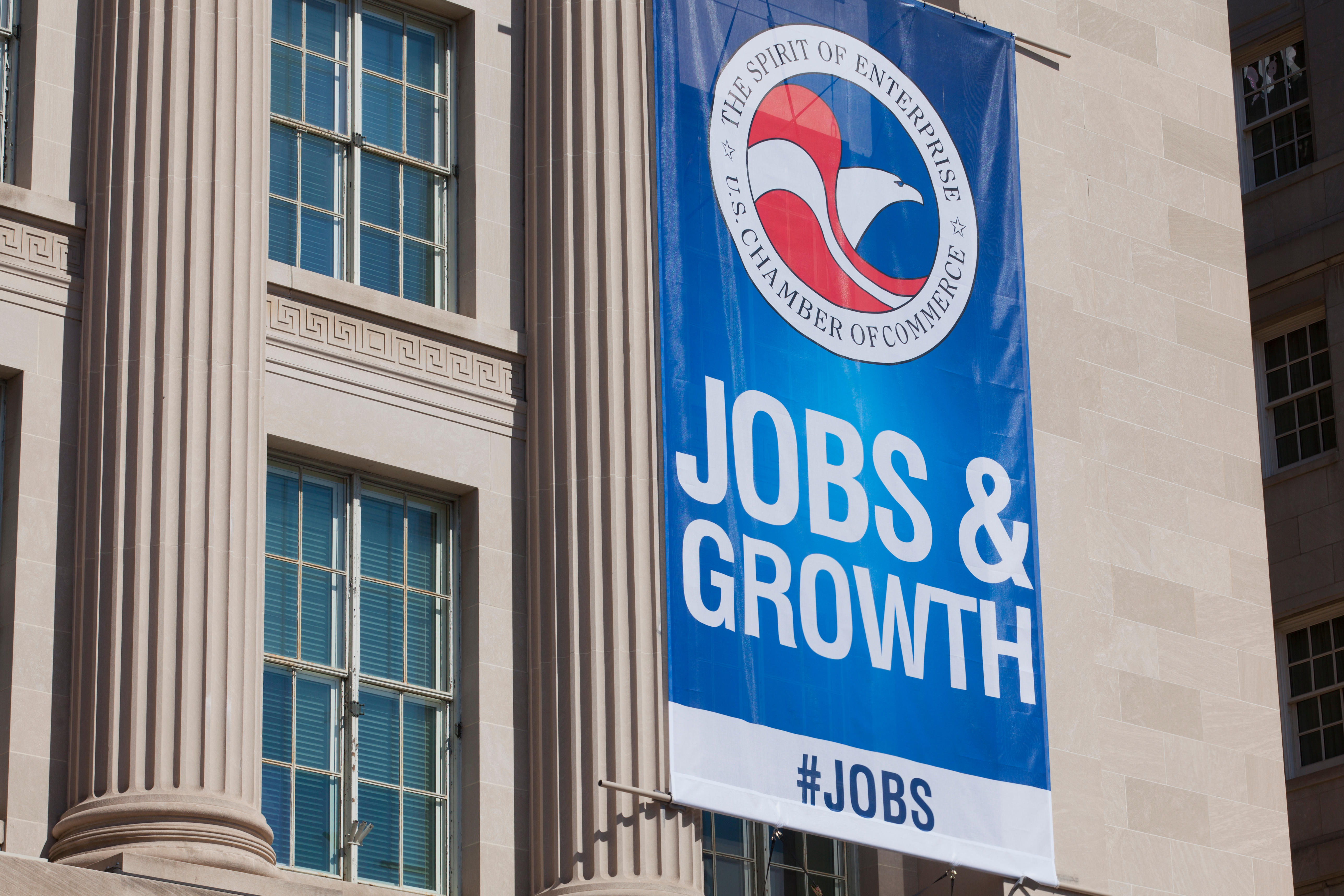 A banner hangs from the Chamber Of Commerce Building in Washington D.C. in this undated photo.