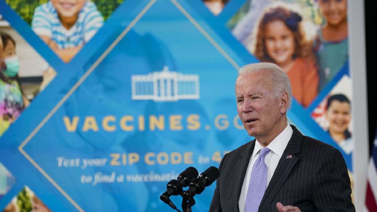 President Joe Biden talks about the newly approved COVID-19 vaccine for children ages 5-11 from the South Court Auditorium on the White House complex in Washington, Nov. 3.