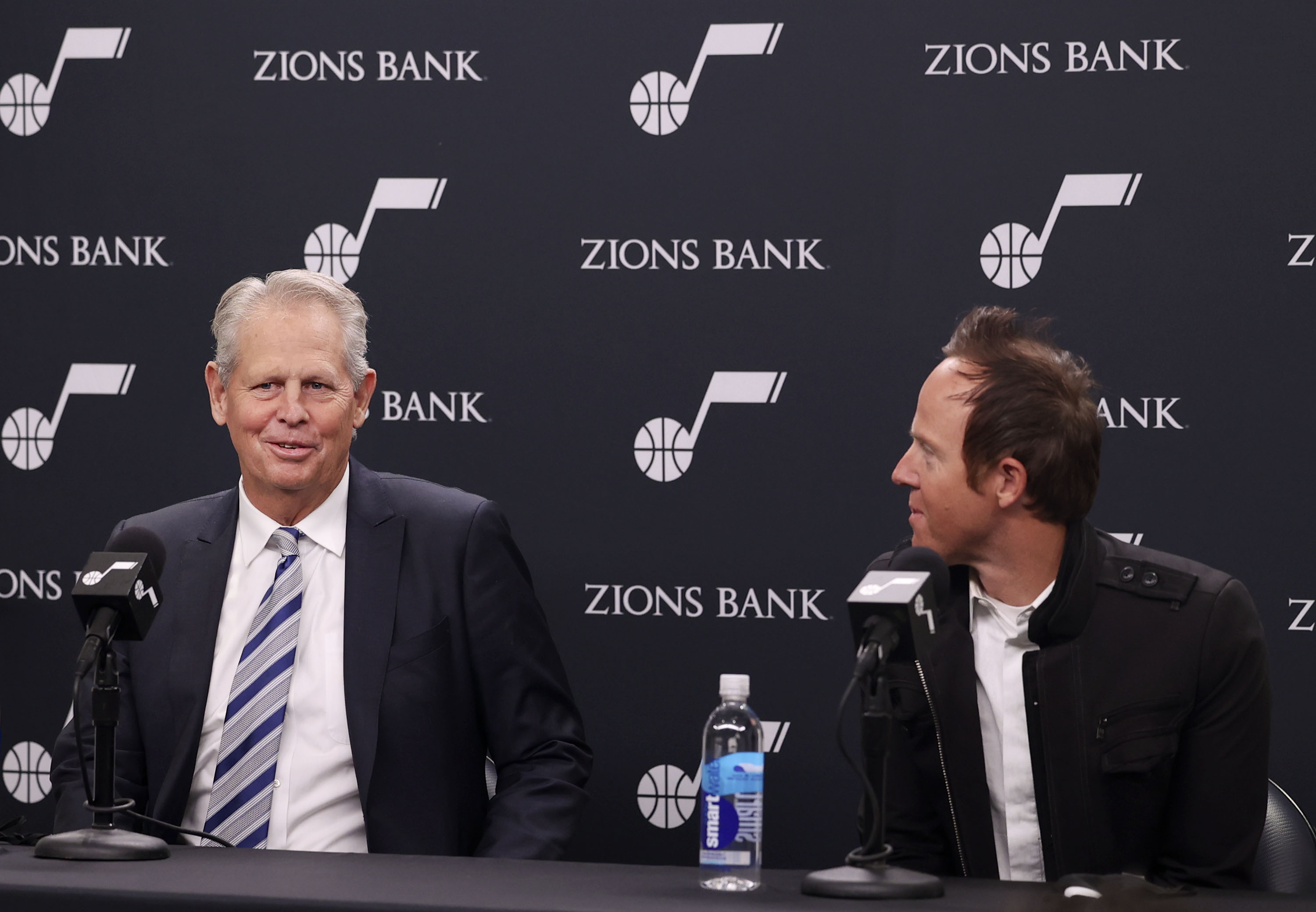 Danny Ainge, left, and Utah Jazz owner Ryan Smith, speak about Ainge’s new role as CEO of Utah Jazz Basketball, in charge of all basketball decisions, at Vivint Arena in Salt Lake City on Wednesday, Dec. 15, 2021.