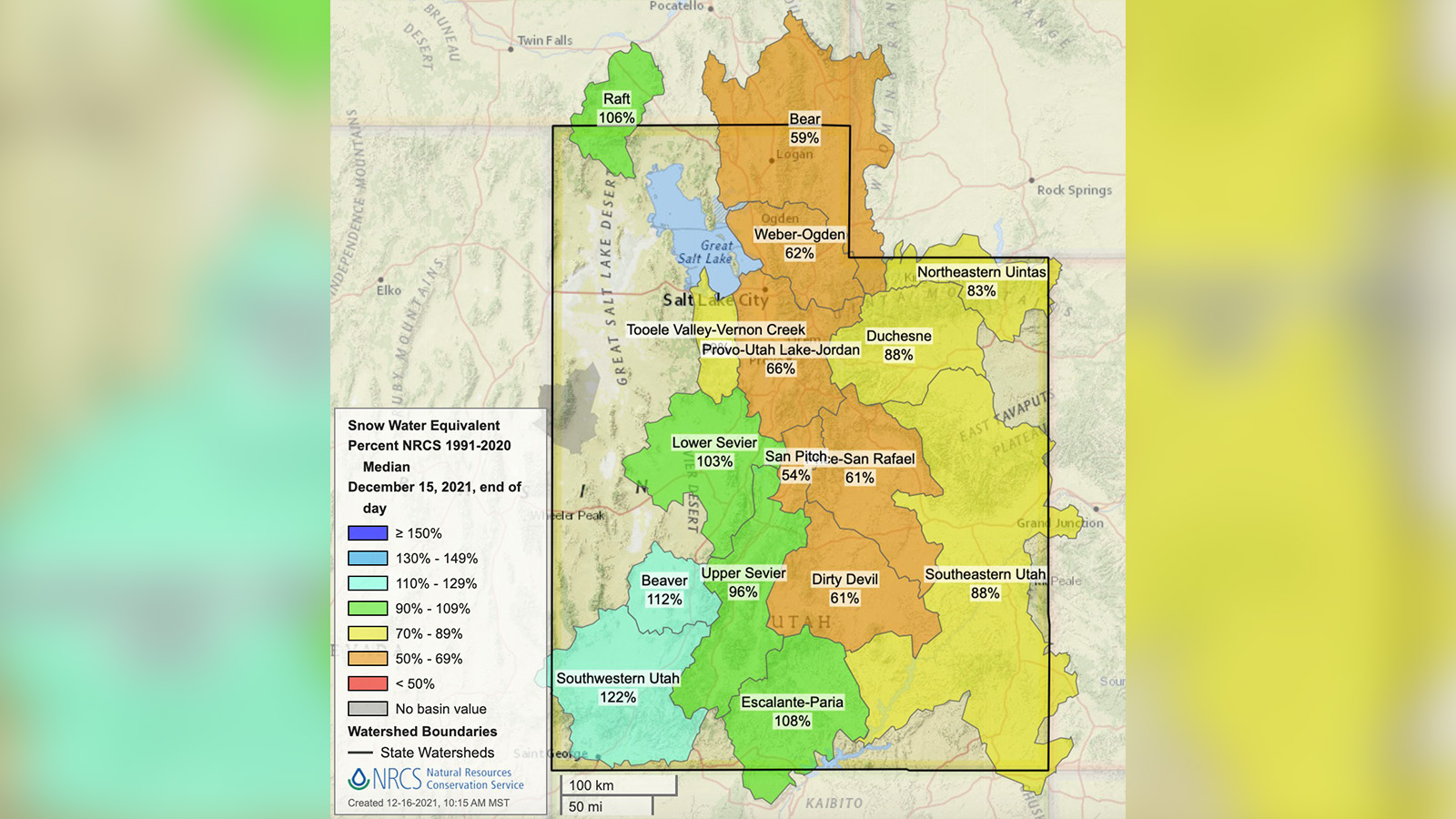 This map shows Utah's different snowpack regions as of 10 a.m. Thursday. The collective snowpack is about 75% of normal.