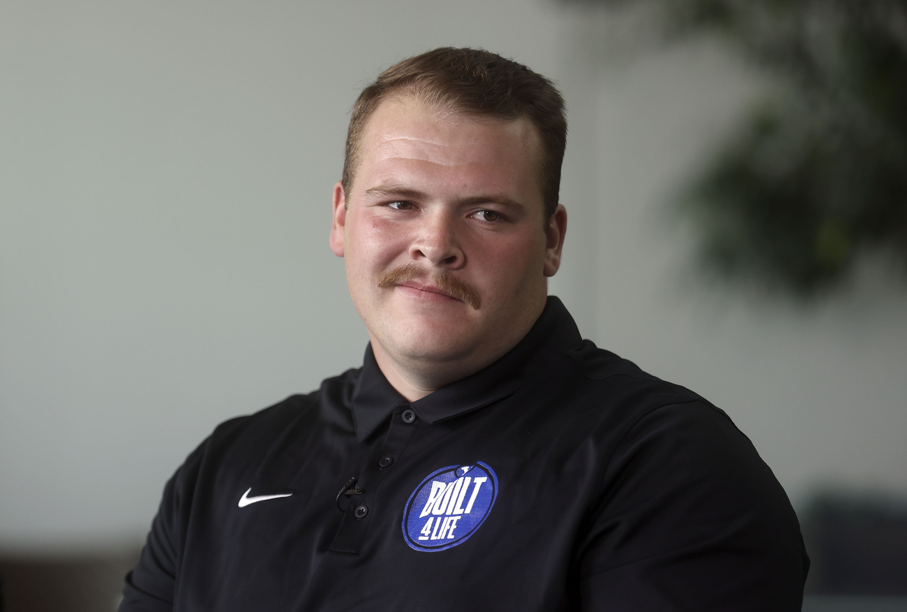 BYU offensive lineman Clark Barrington talks to media during BYU football media day at the BYU Broadcasting Building in Provo on Thursday, June 17, 2021.