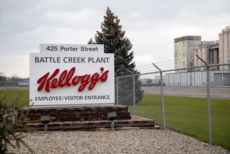 The entrance sign to Kellogg Co. is pictured at the Porter Street plant in Battle Creek, Michigan, on Saturday.