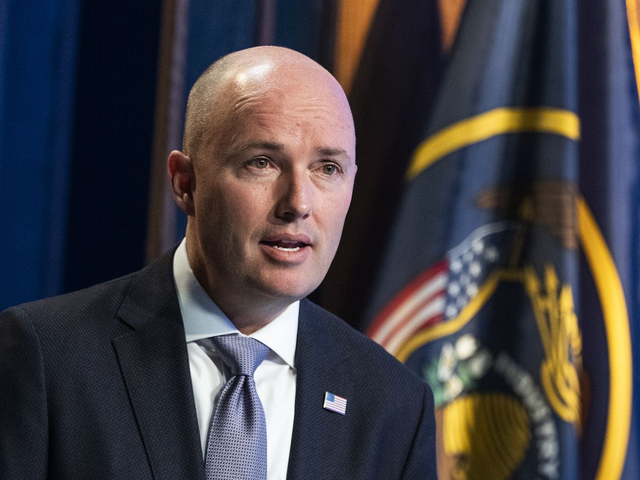 Governor Spencer Cox speaks during his monthly news
conference at PBS Utah at the Eccles Broadcast Center in Salt Lake
City on Thursday.