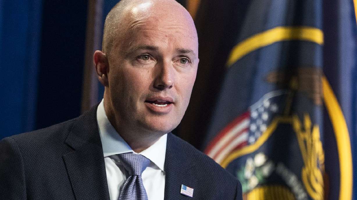 Governor Spencer Cox speaks during his monthly news
conference at PBS Utah at the Eccles Broadcast Center in Salt Lake
City on Thursday.