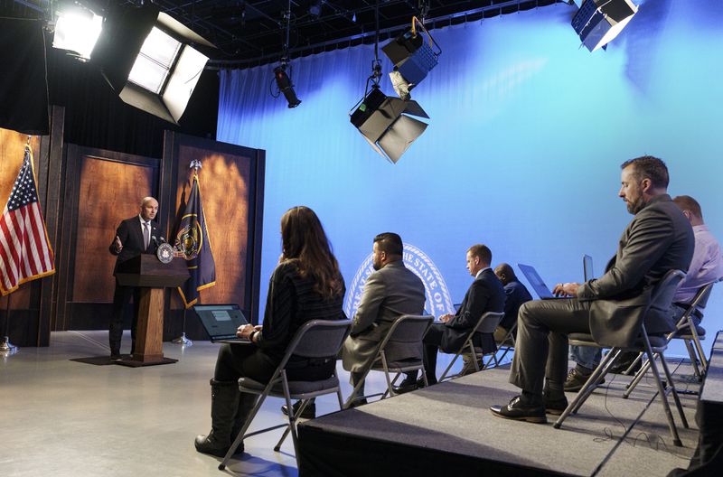 Gov. Spencer Cox speaks during his monthly news
conference at PBS Utah at the Eccles Broadcast Center in Salt Lake
City on Thursday.