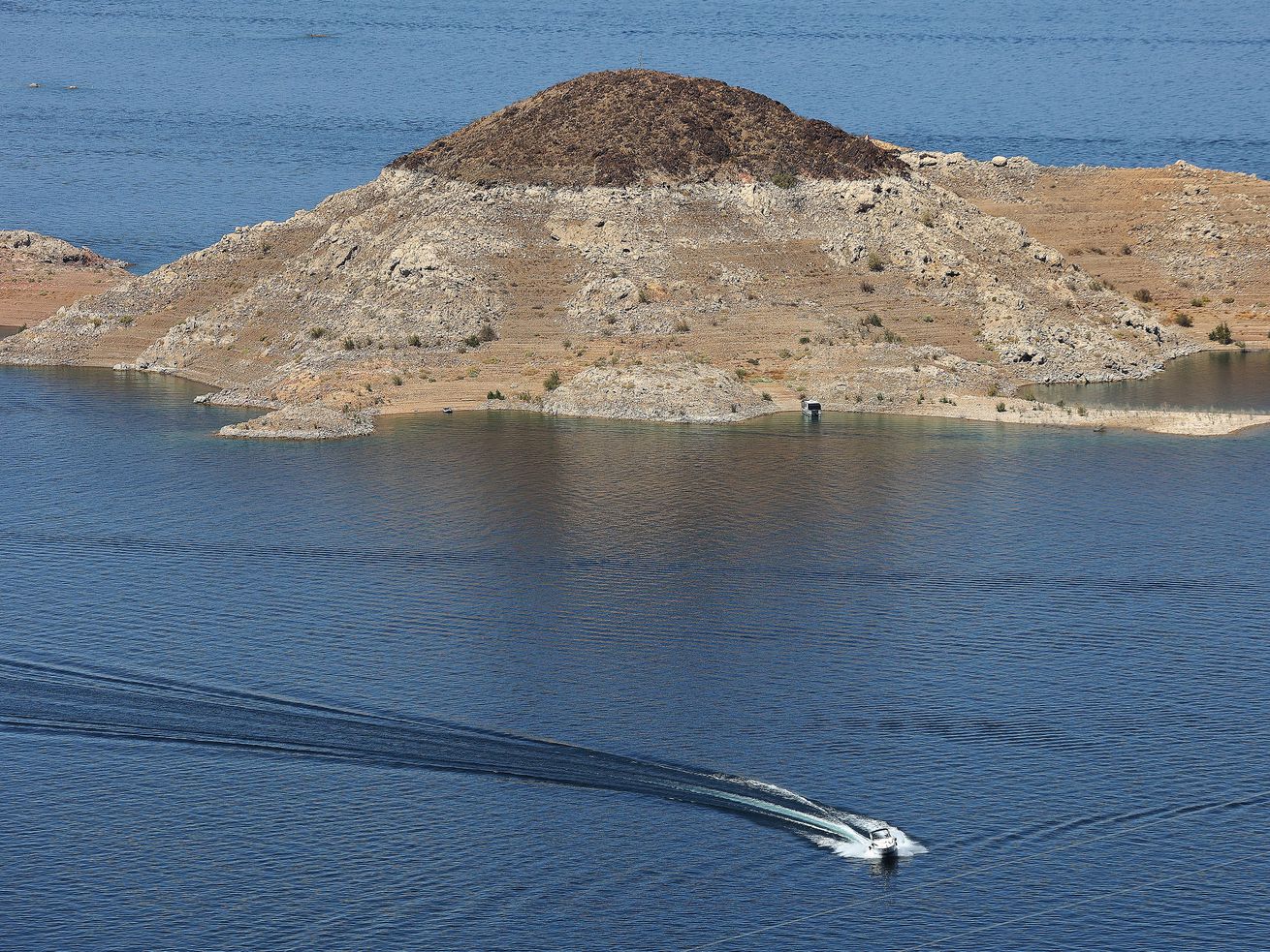 A boat cruises in Hemenway Harbor on Lake Mead on Saturday, April 10. Both the Colorado and the Virgin Rivers empty into the lake.