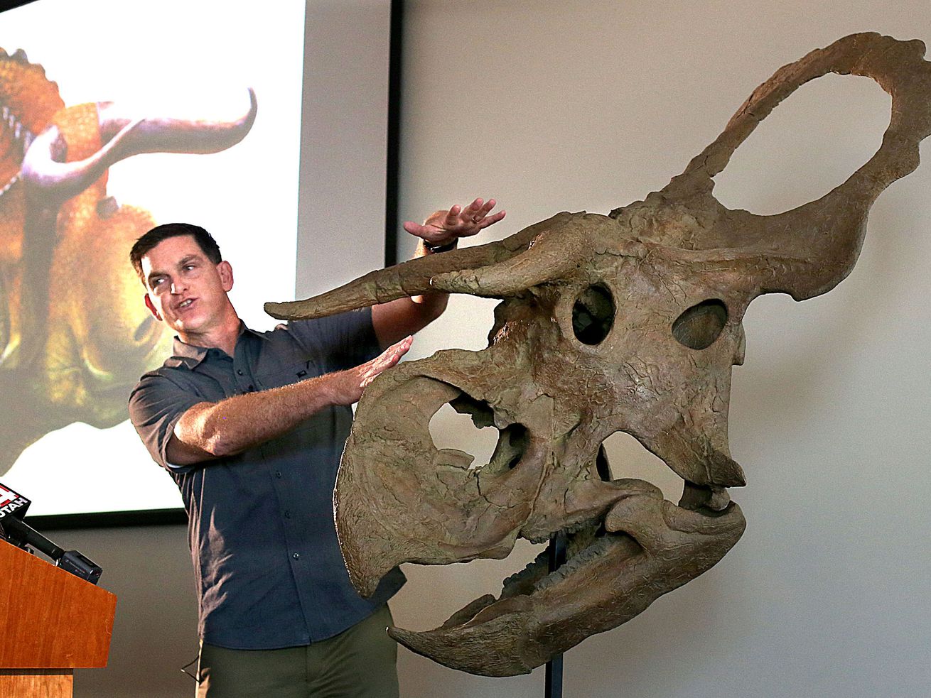 Scott Sampson, past chief curator at the Natural
History Museum of Utah, discusses the newly discovered dinosaur
Nasutoceratops titusi at the museum in Salt Lake City on July 17,
2013.