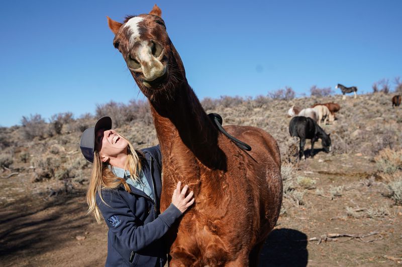 Kris Getzie, owner of 8D Ranch, plays as she scratches
the neck of her horse, Ginger, at her ranch in Oakley, Summit
County, on Thursday, Dec. 2, 2021. Horse property in Utah and the
West is an increasingly rare and valuable commodity as it becomes
more and more scarce under growth and development pressures,
especially in today’s wild housing market.