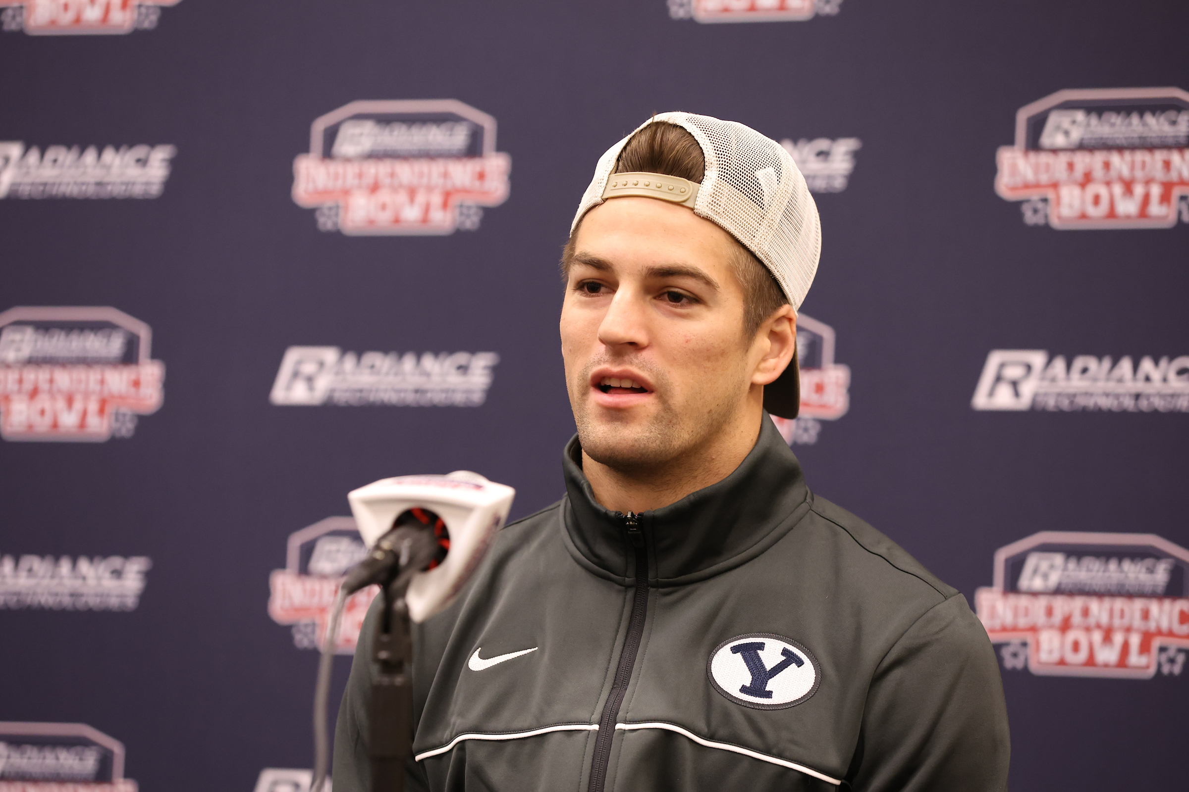 BYU wide receiver Gunner Romney speaks during an Independence Bowl press conference, Friday, Dec. 17, 2021 in Shreveport, Louisiana.