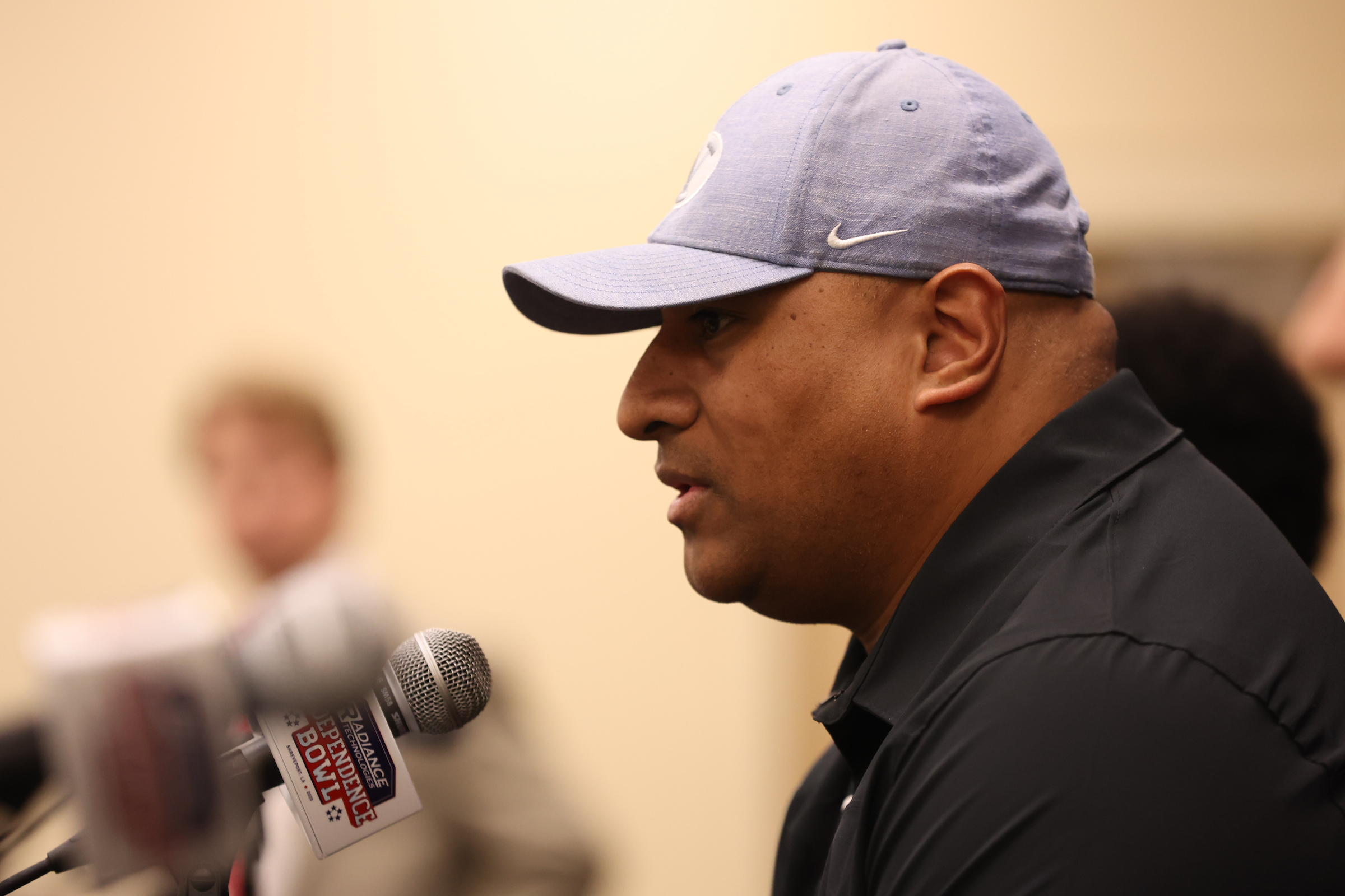 BYU coach Kalani Sitake speaks during an Independence Bowl press conference, Friday, Dec. 17, 2021 in Shreveport, Louisiana.