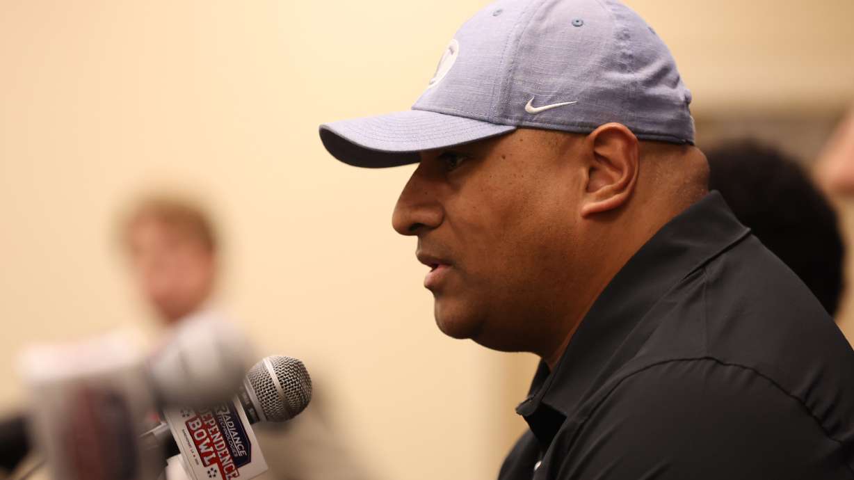BYU coach Kalani Sitake speaks during an Independence Bowl press conference, Friday, Dec. 17, 2021 in Shreveport, Louisiana.