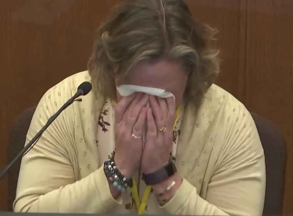 In this screen grab from video, former Brooklyn Center Police Officer Kim Potter becomes emotional as she testifies in court, Friday at the Hennepin County Courthouse in Minneapolis, Minn. Potter is charged with first and second-degree manslaughter in the April 11 shooting of Daunte Wright, a 20-year-old Black motorist, following a traffic stop in the Minneapolis suburb of Brooklyn Center.