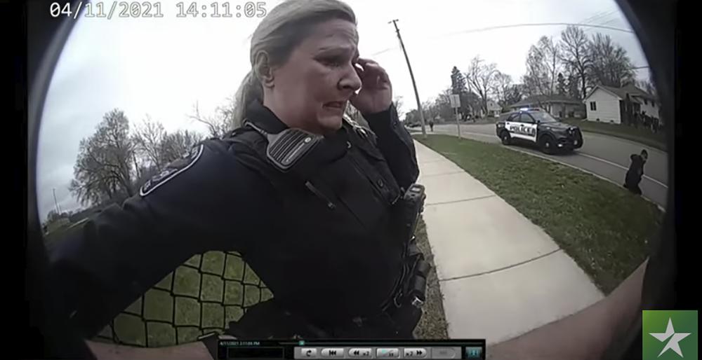 In this screengrab of police body cam video former Brooklyn Center police Officer Kim Potter reacts after a traffic stop in which Daunte Wright was shot on April 11.