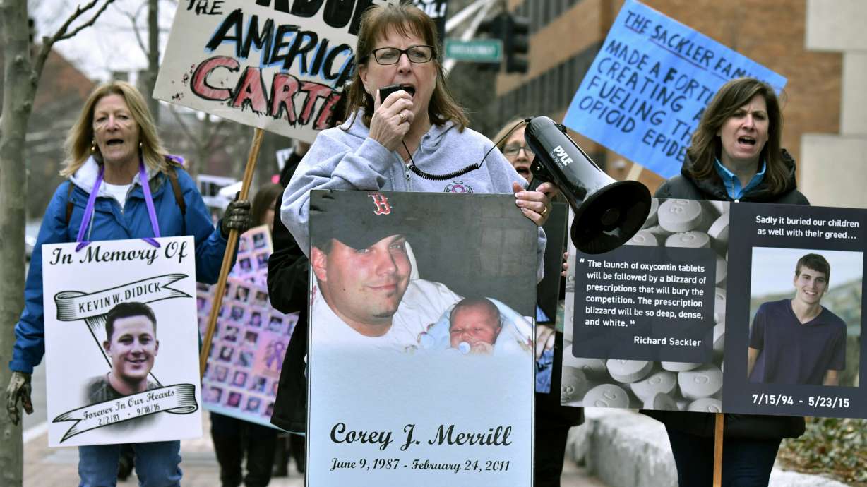 Cheryl Juaire, of Marlborough, Mass., center, leads a protest near the Arthur M. Sackler Museum at Harvard University, in Cambridge, Mass., on April 12, 2019.