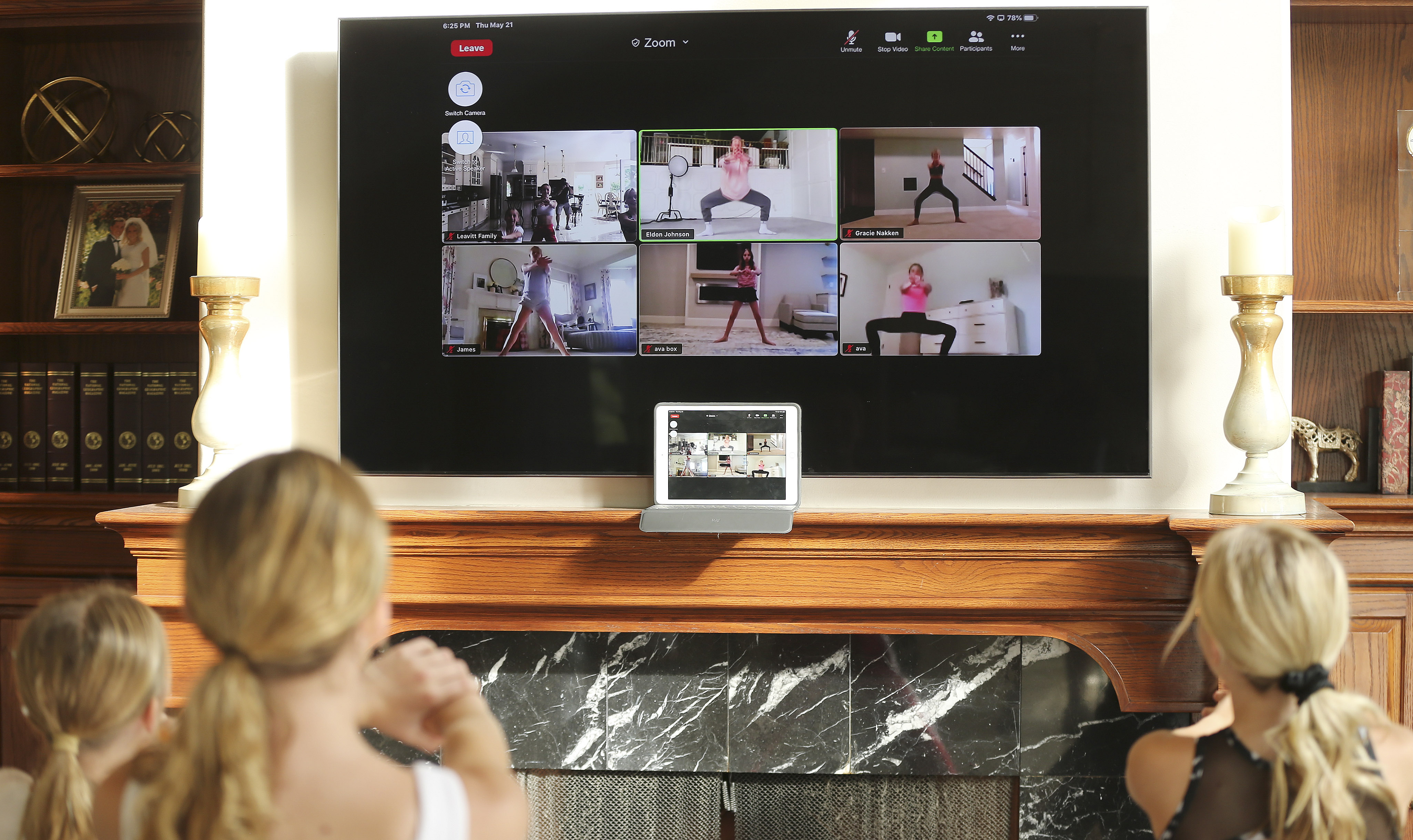 Ava, Olivia and Sophie Leavitt practice via Zoom with their dance teacher from their home in Farmington on May 21, 2020.
