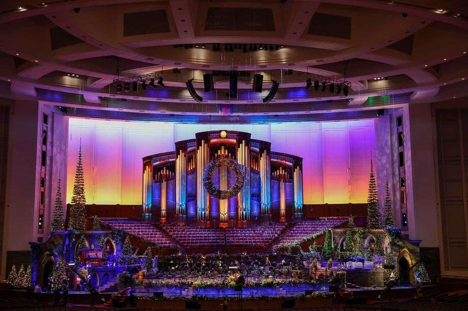 The stage is set for the taping of the “Christmas With the Tabernacle Choir” television special at the Conference Center in Salt Lake City on Friday.