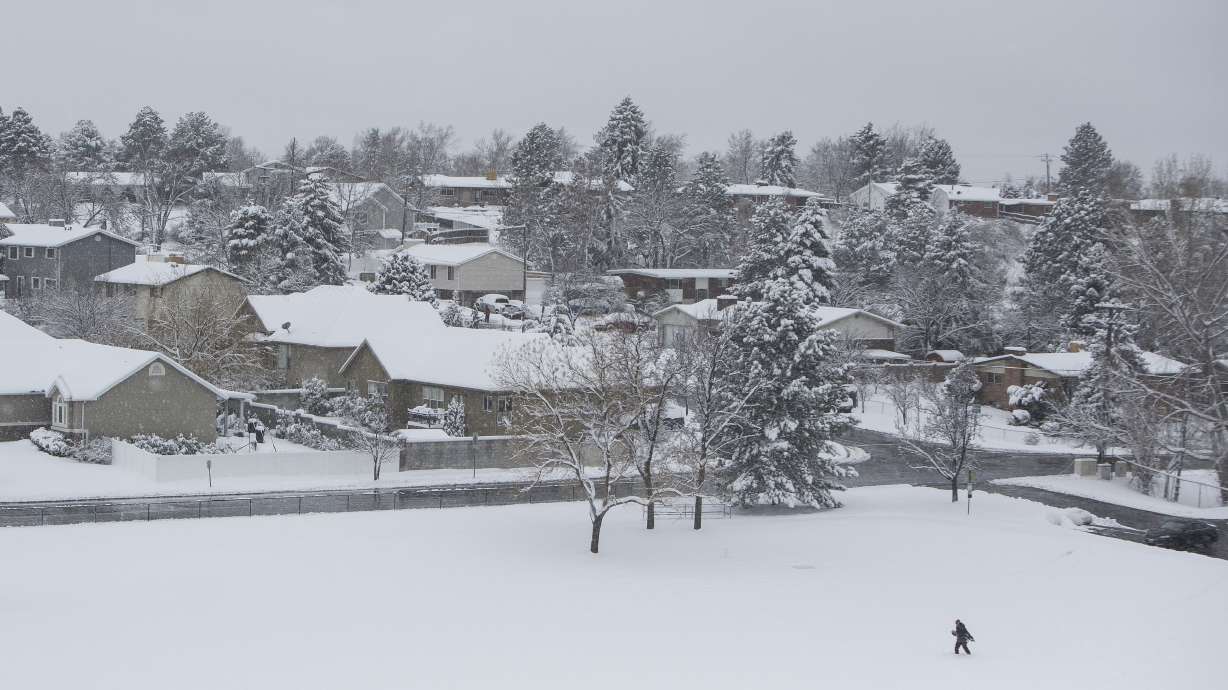 A snowboarder hikes through the snow at Flat Iron Mesa Park in Sandy on March 4, 2018. Police say a dog attacked a woman sledding at the park on Friday.