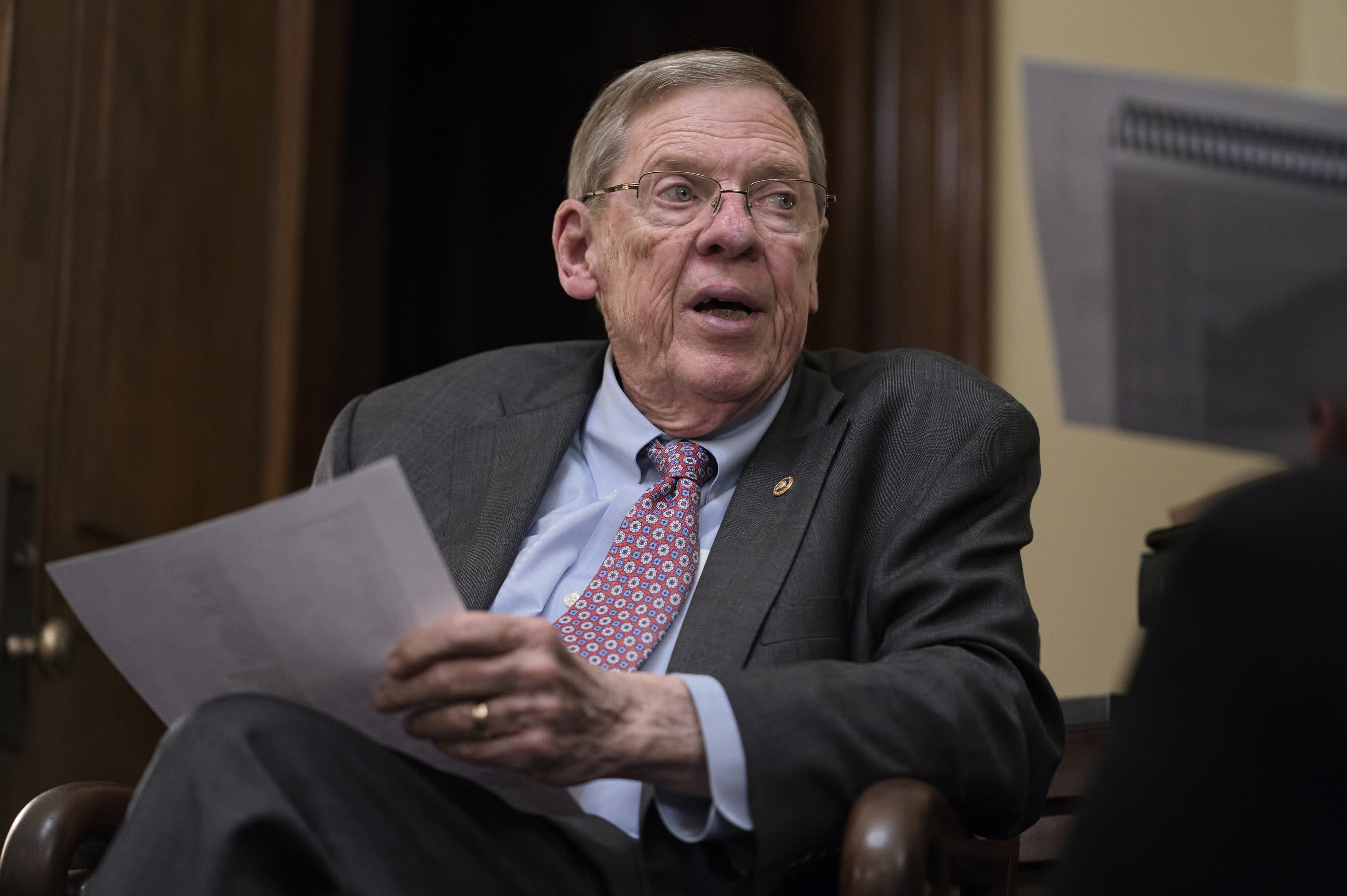 Sen. Johnny Isakson, R-Ga., meets with his staff in his office on Capitol Hill in Washington, Dec. 2, 2019. Isakson, an affable Georgia Republican politician who rose from the ranks of the state Legislature to become a U.S. senator, has died. 