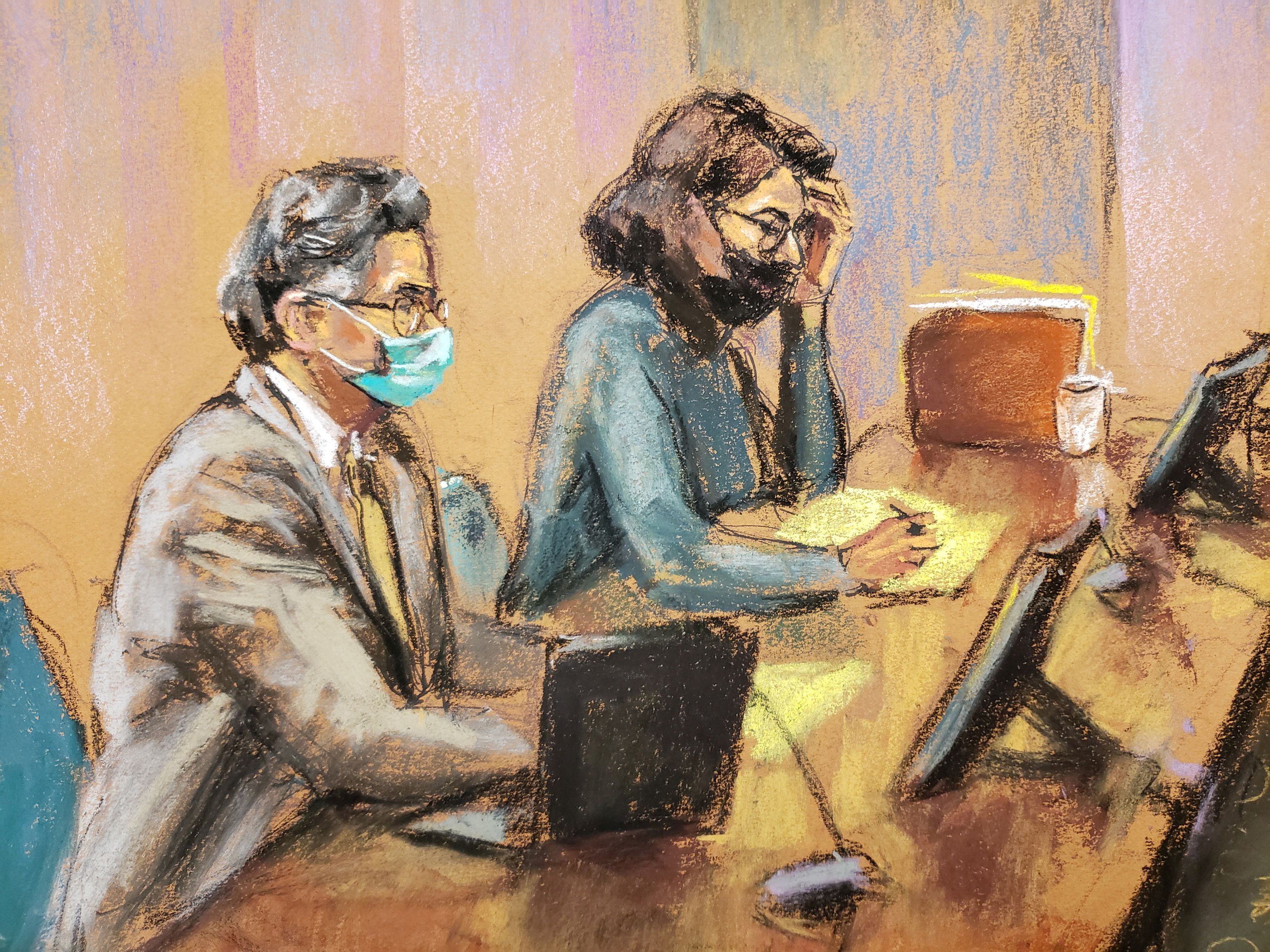 Ghislaine Maxwell, the Jeffrey Epstein associate accused of sex trafficking, sits next to defense attorney Jeffrey Pagliucca as she takes notes during a charging conference in a courtroom sketch in New York City, Saturday. Closing arguments are underway in the case.