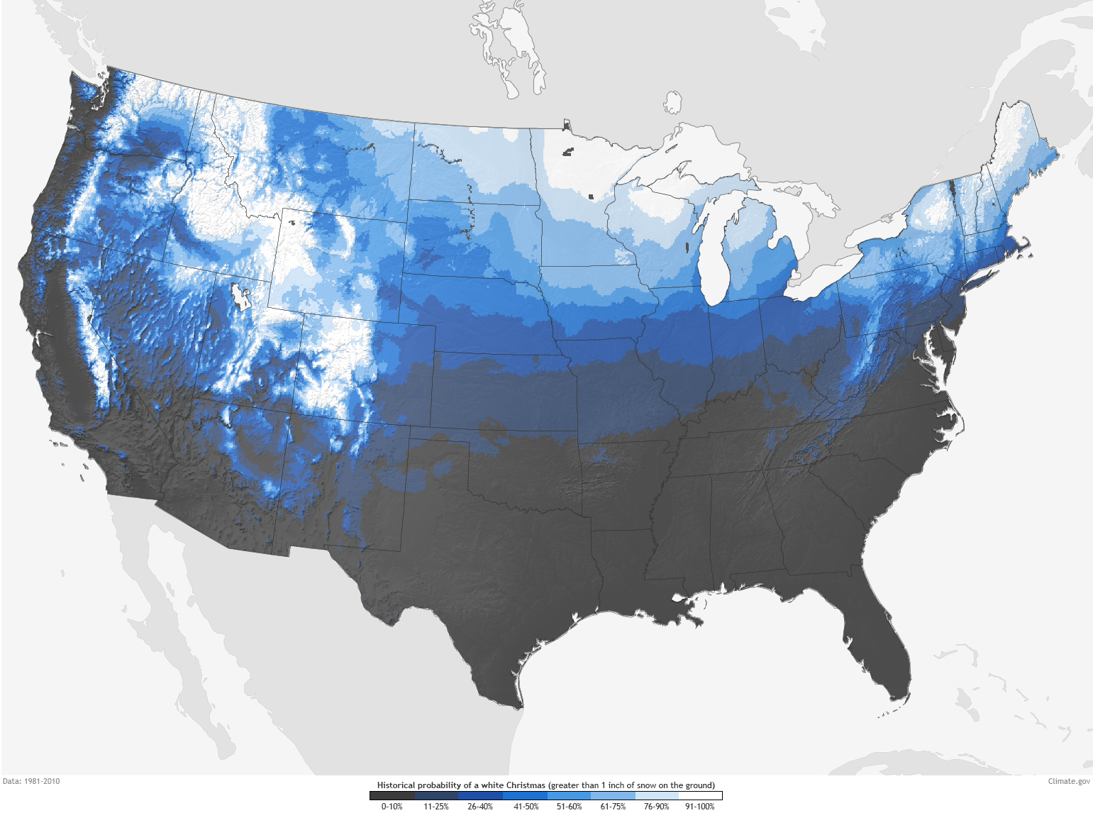 This map, created by the National Centers for Environmental Information, shows the percentage of cases where at least 1 inch of snow was on the ground on Christmas Day in the U.S. between 1991 and 2020.