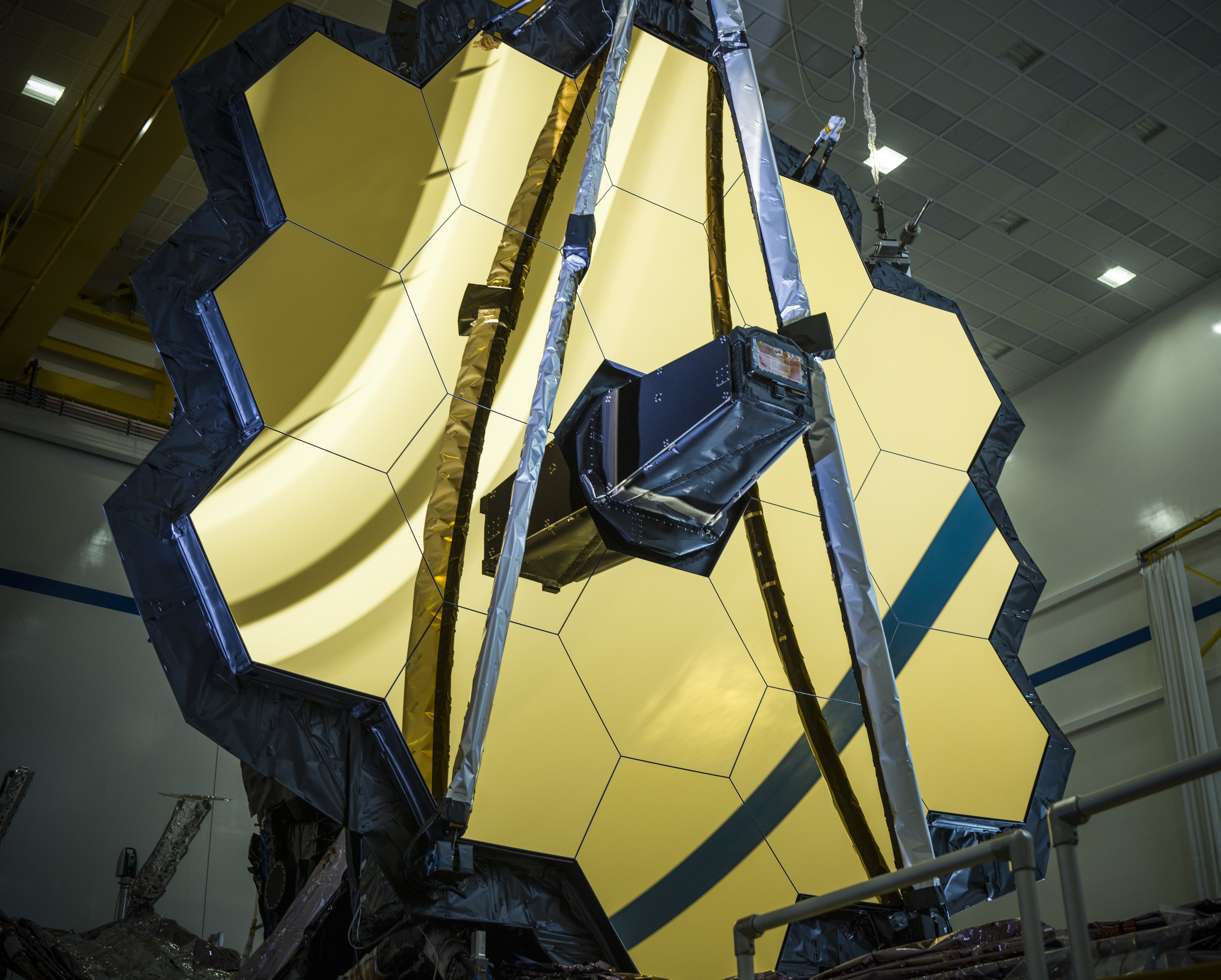 The main mirror assembly of the James Webb Space Telescope during testing at a Northrop Grumman facility in Redondo Beach, Calif, on March 5, 2020. Webb will attempt to look back in time 13.7 billion years, a mere 100 million years after the universe-forming Big Bang as the original stars were forming.