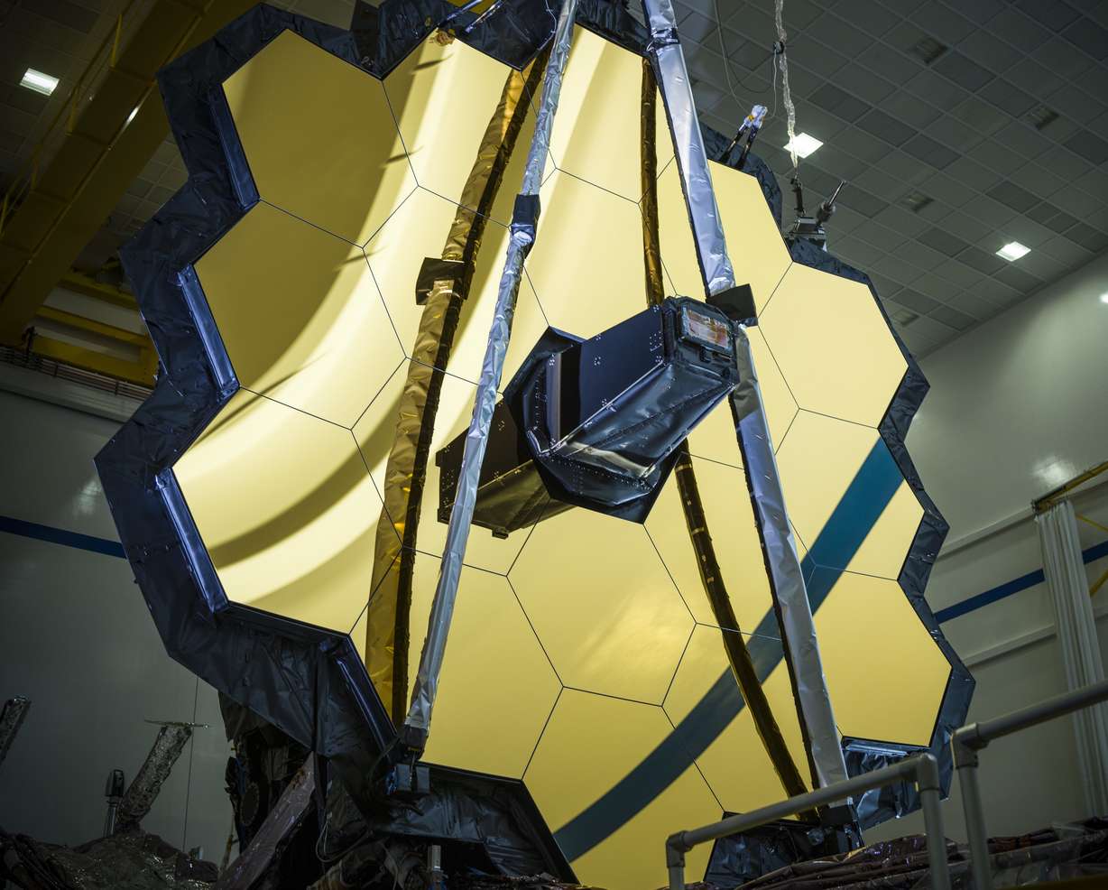 The main mirror assembly of the James Webb Space Telescope during testing at a Northrop Grumman facility in Redondo Beach, Calif, on March 5, 2020. Webb will attempt to look back in time 13.7 billion years, a mere 100 million years after the universe-forming Big Bang as the original stars were forming.