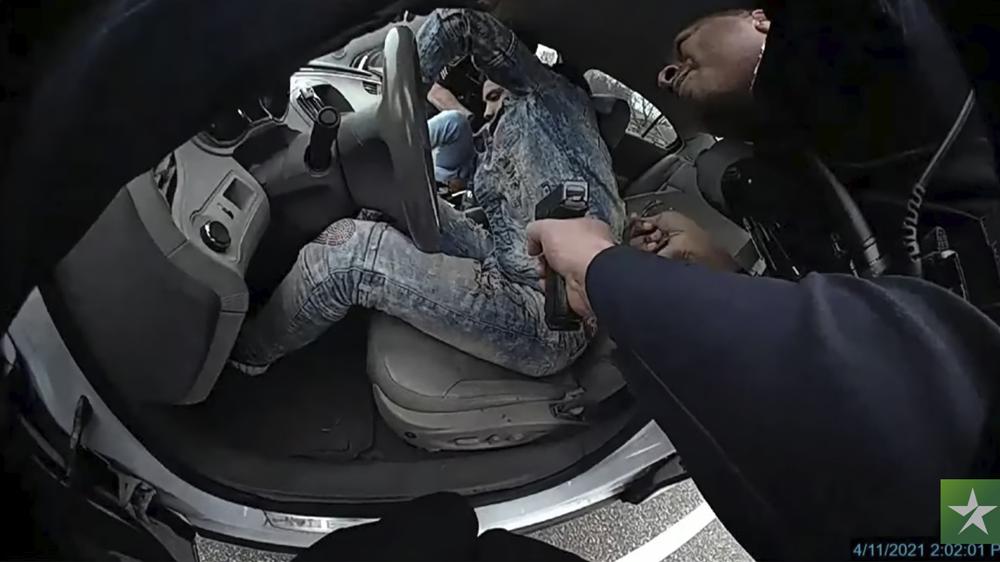 This still image taken from from police body cam video shows Daunte Wright during a traffic stop on April 11. Assistant Attorney General Erin Eldridge delivered closing arguments, Monday at the Hennepin County Courthouse in Minneapolis, in the trial of former Brooklyn Center police Officer Kim Potter for Wright's death during the encounter.
