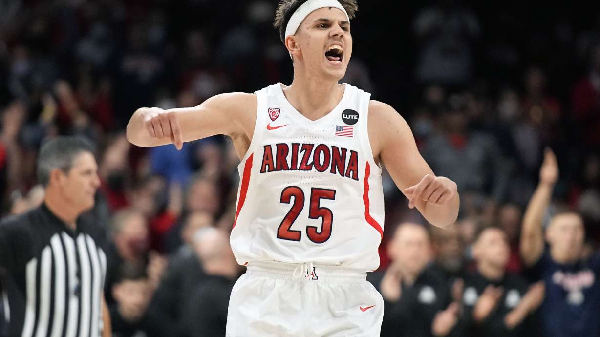 Arizona guard Kerr Kriisa (25) reacts after scoring against California Baptist during the second half of an NCAA college basketball game, Saturday, Dec. 18, 2021, in Tucson, Ariz. Arizona won 84-60.
