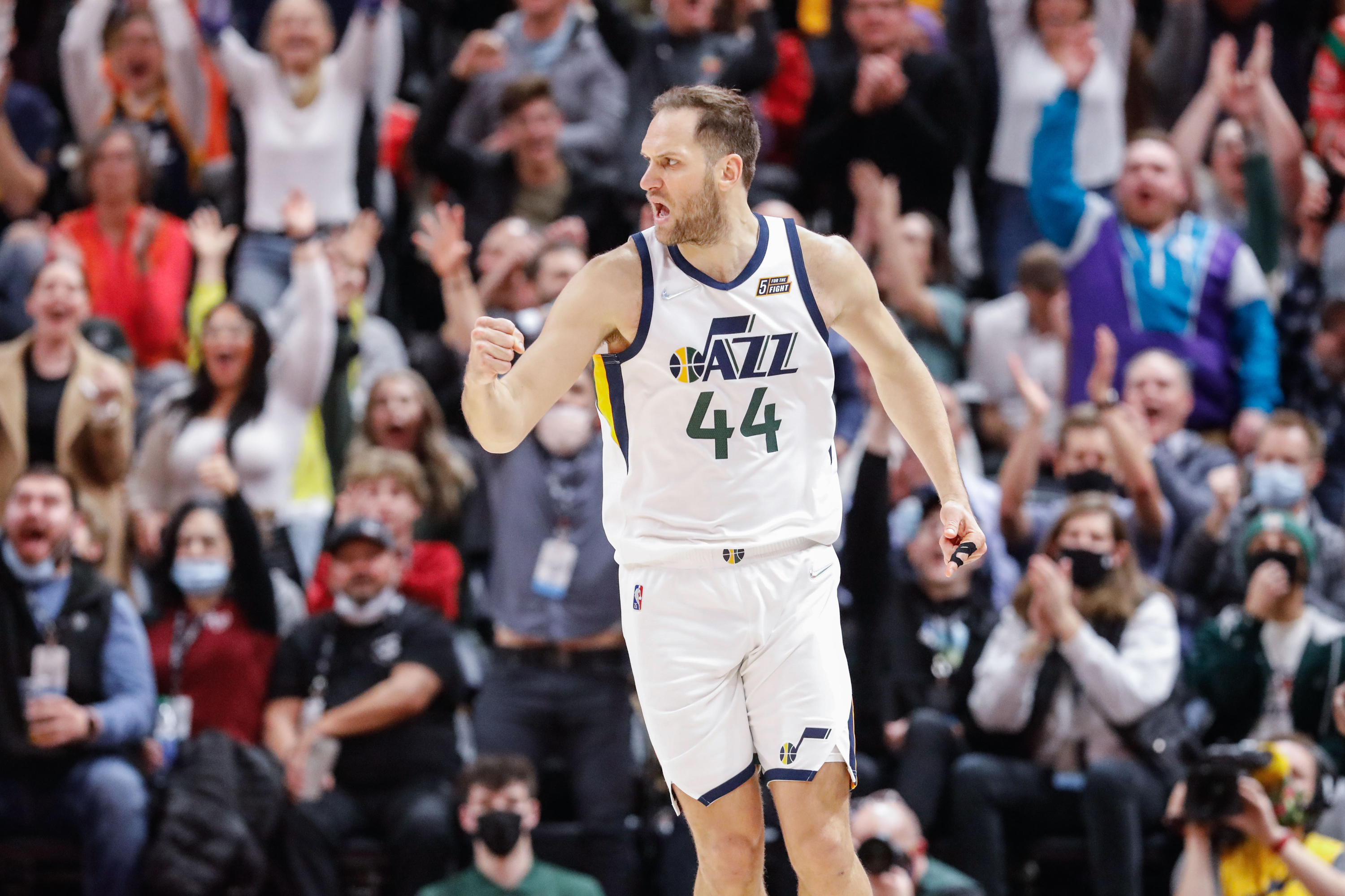 Utah Jazz forward Bojan Bogdanovic (44) reacts after scoring from a three-pointer during an NBA game against Charlotte Hornets at Vivint Arena in Salt Lake City on Monday, Dec. 20, 2021.