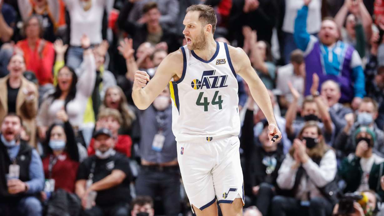Utah Jazz forward Bojan Bogdanovic (44) reacts after scoring from a three-pointer during an NBA game against Charlotte Hornets at Vivint Arena in Salt Lake City on Monday, Dec. 20, 2021.