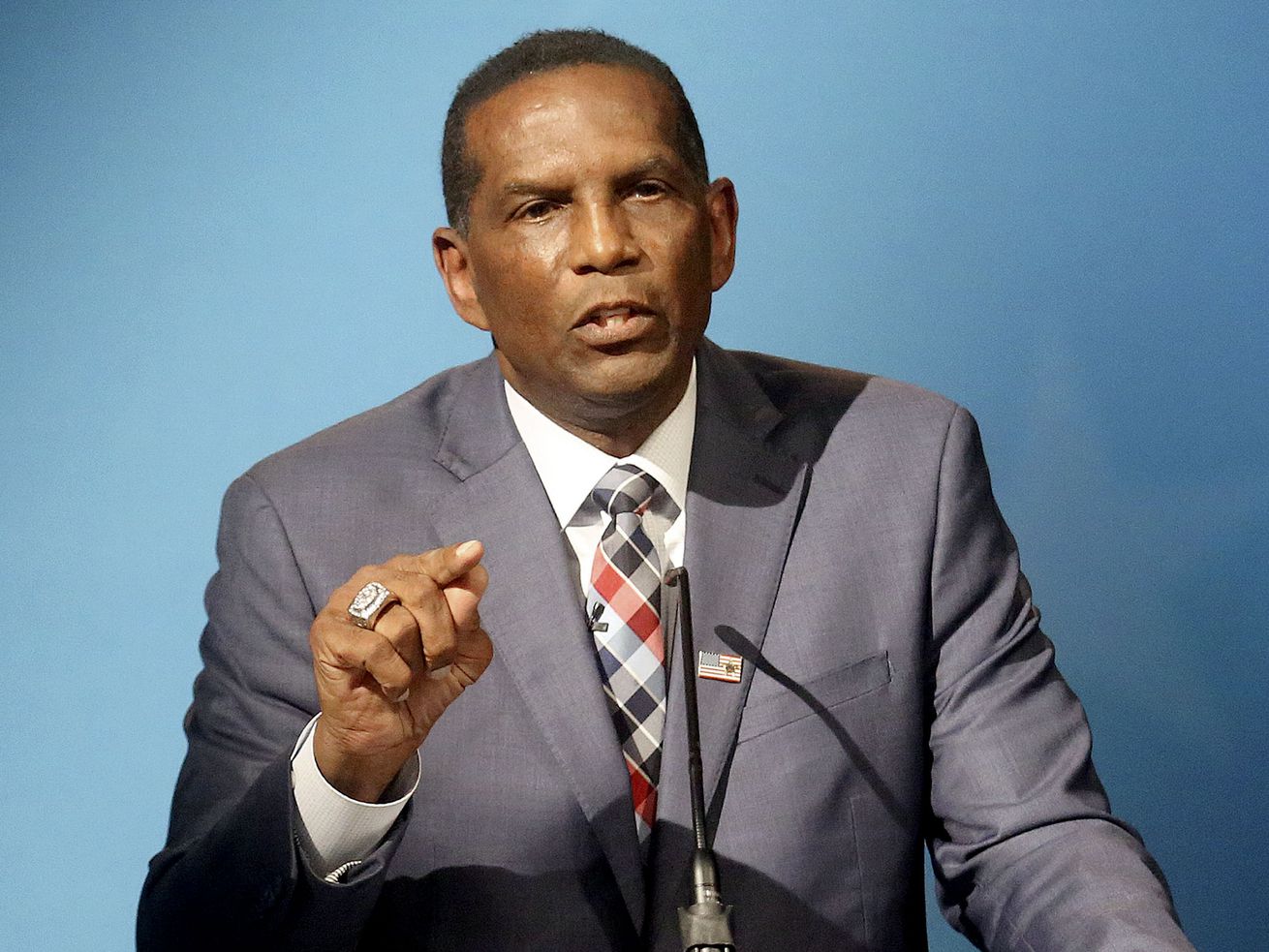 Burgess Owens, 4th Congressional District Republican candidate, participates in a Utah Debate
Commission debate with his opponent Rep. Ben McAdams, D-Utah, not pictured, at the Triad Center in Salt Lake City on Oct. 12, 2020. In a weekend speech, he defined what he believes "real men" do and don't do.