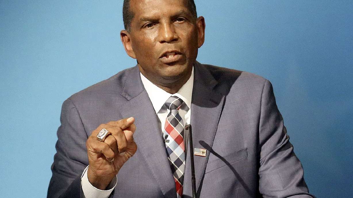 Burgess Owens, 4th Congressional District Republican candidate, participates in a Utah Debate
Commission debate with his opponent Rep. Ben McAdams, D-Utah, not pictured, at the Triad Center in Salt Lake City on Oct. 12, 2020. In a weekend speech, he defined what he believes "real men" do and don't do.