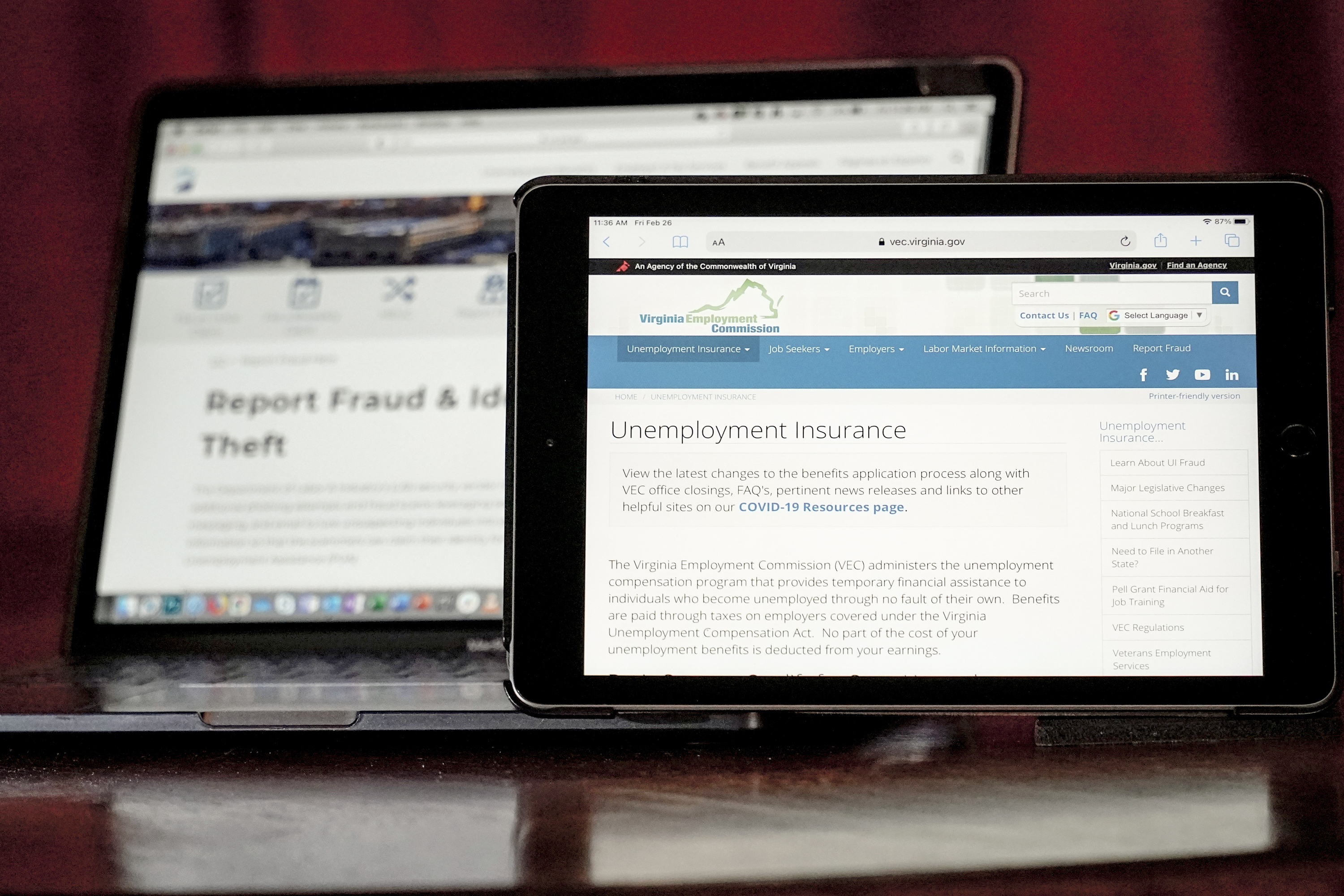 Web pages used to show information for collecting unemployment insurance in Virginia, right, and reporting fraud and identity theft in Pennsylvania, are displayed on the respective state web pages, on Feb. 26, in Zelienople, Pa. The Secret Service said it has seized more than $1.2 billion while investigating unemployment insurance and loan fraud.