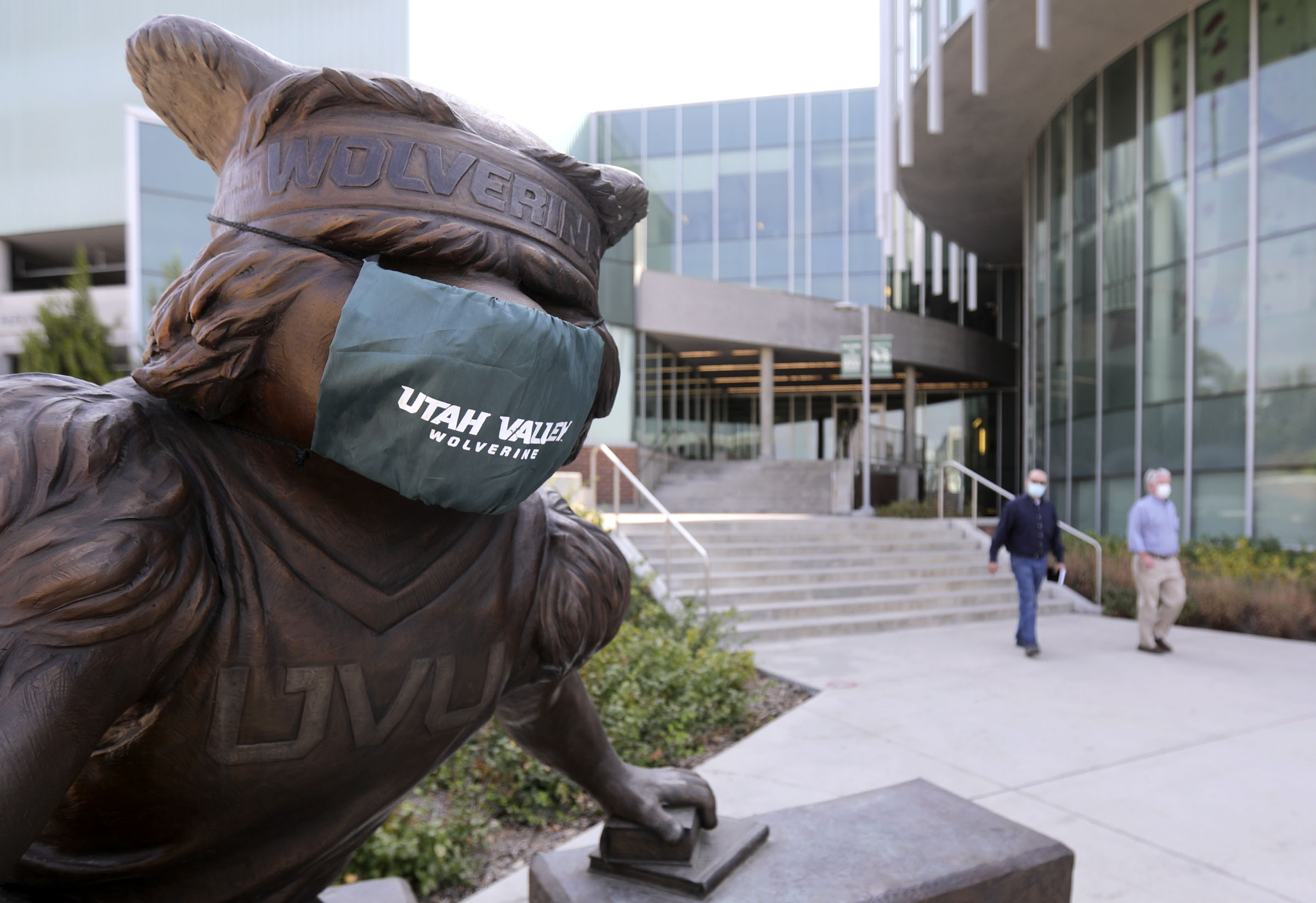 A statue of Utah Valley University's Wolverine mascot wears a mask on the Orem campus on Sept. 23, 2020. UVU and the University of Utah are targeted in a federal lawsuit filed Tuesday that alleges the universities failed to act after hearing a report of a student being raped.  