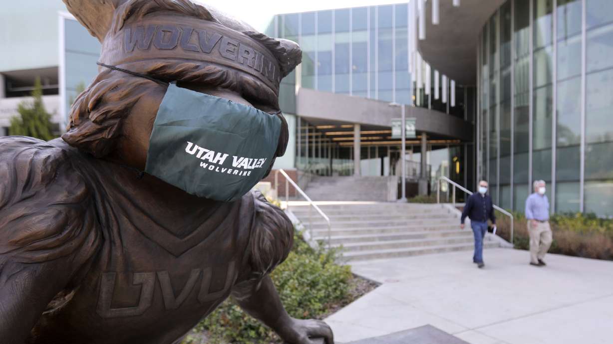 A statue of Utah Valley University's Wolverine mascot wears a mask on the Orem campus on Sept. 23, 2020. UVU and the University of Utah are targeted in a federal lawsuit filed Tuesday that alleges the universities failed to act after hearing a report of a student being raped.
