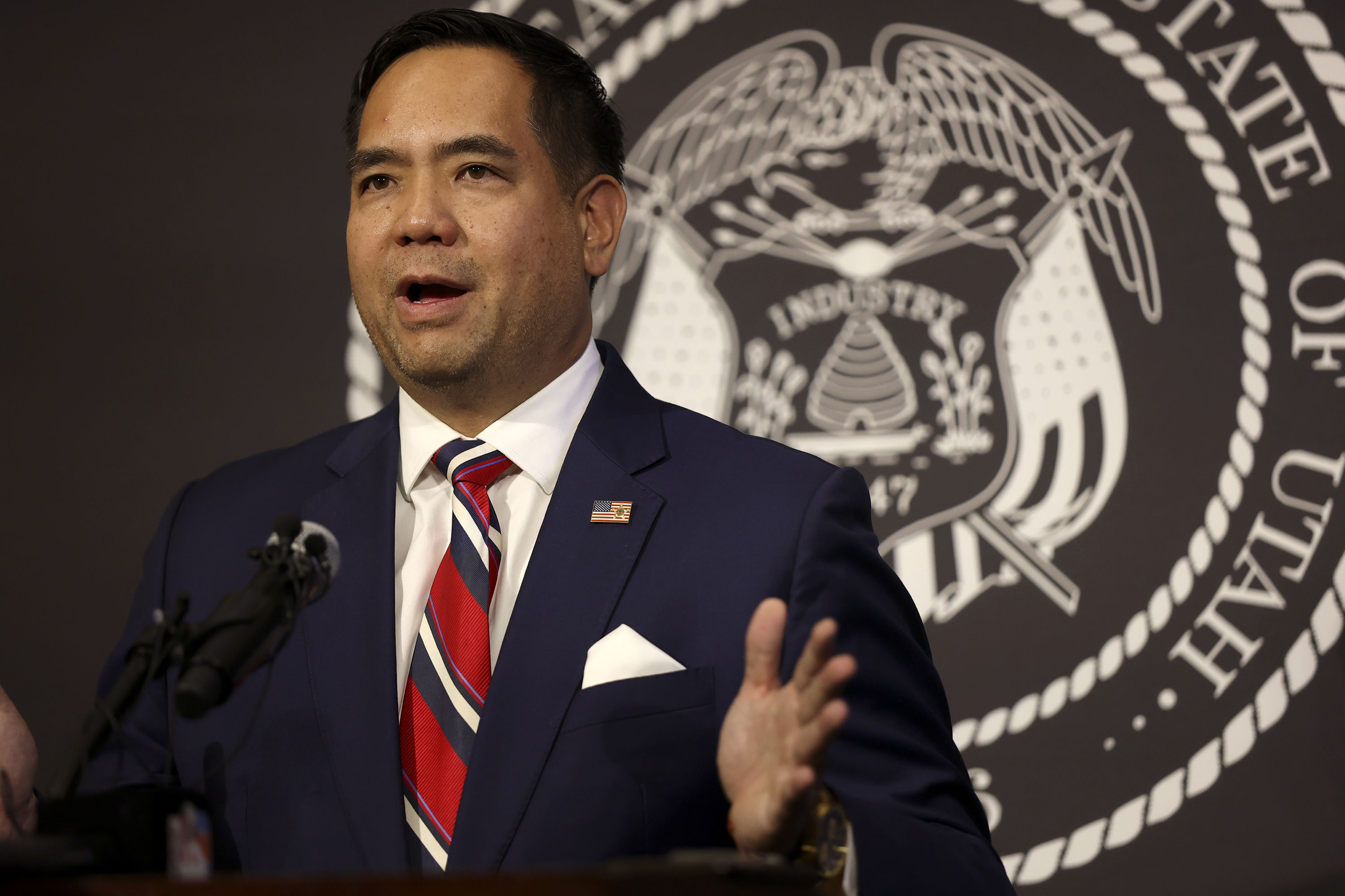 Utah Attorney General Sean D. Reyes speaks during a press conference at the Capitol in Salt Lake City on Thursday, July 22, 2021.