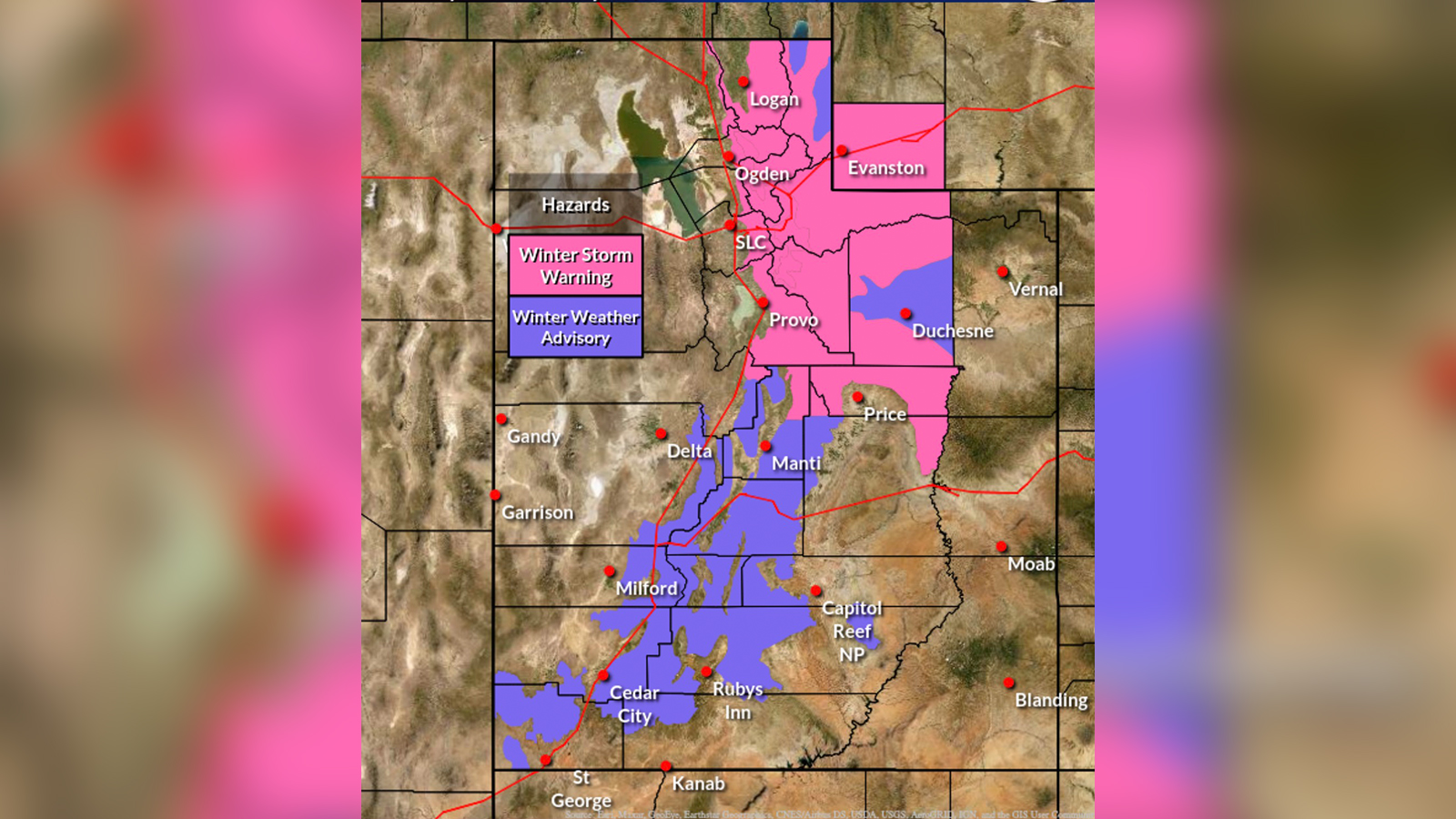 This map, created by the National Weather Service, shows where winter storm warnings and winter storm watches have been issued, as of Wednesday afternoon.