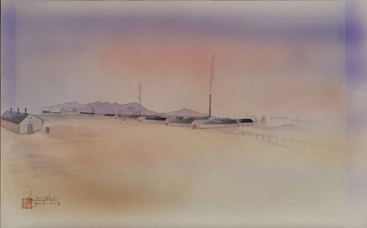 Topaz Relocation Center, Utah, "Very Warm Noon Without Any Wind. Dead Heat Covered All Camp Ground,” watercolor, 1943. Gift of the Estate of Chiura Obata, from the Permanent Collection of the Utah Museum of Fine Arts.