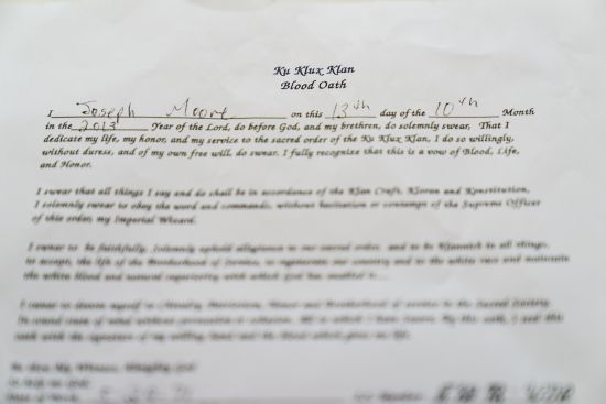 A Ku Klux Klan "blood oath" signed by Joseph Moore, an informant for the FBI, is photographed at the Columbia County Courthouse in Lake City, Fla.,on April 16.