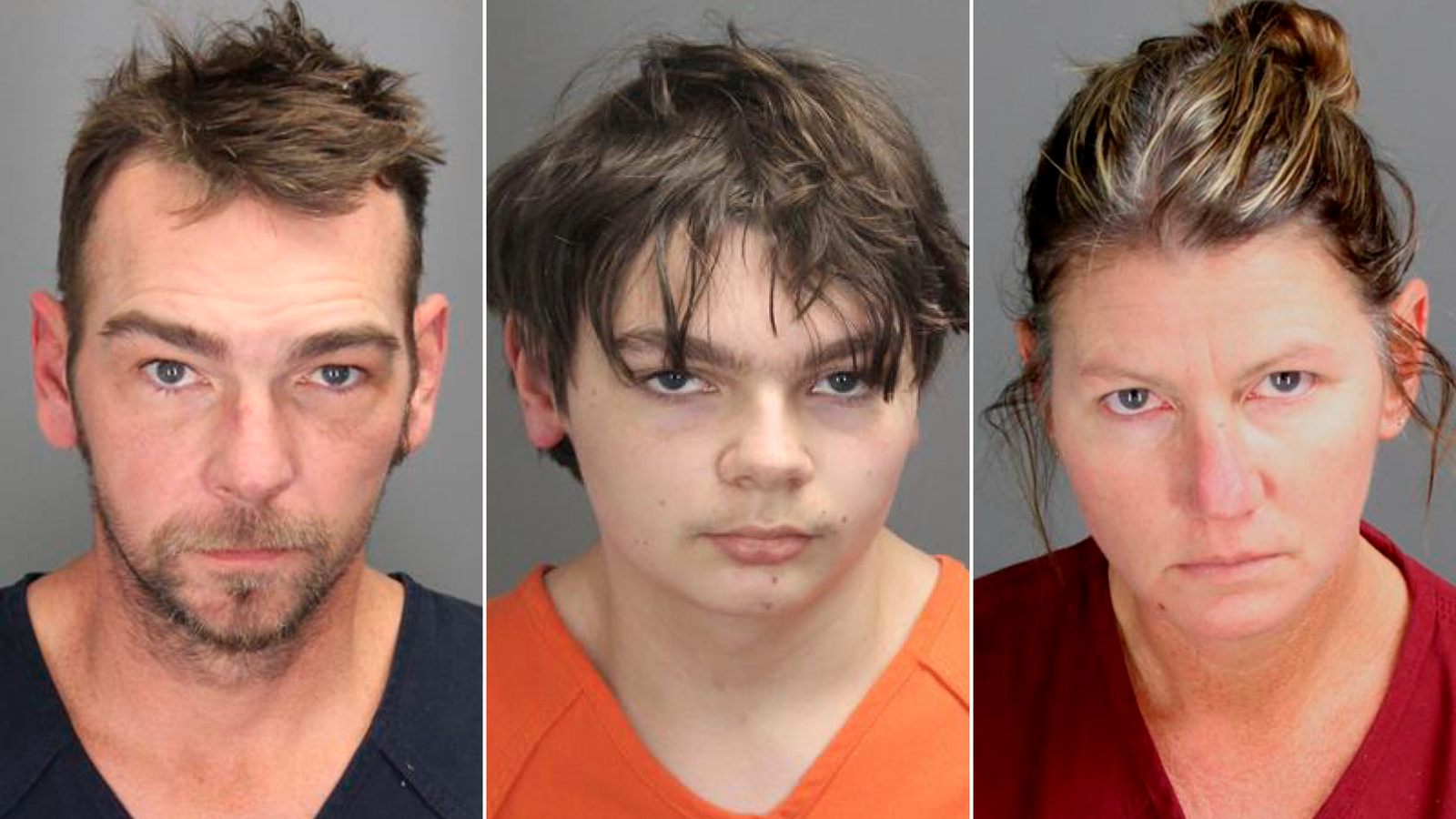 Left to right: James Crumbley, Ethan Crumbley and Jennifer Crumbley. James and Jennifer, the Michigan shooting suspect's parents, willfully disregarded signs that their son was a threat, prosecutors say.