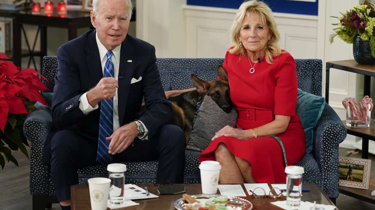 President Joe Biden, first lady Jill Biden and their new dog Commander, a purebred German shepherd puppy, meet virtually with service members around the world, Saturday, in the South Court Auditorium on the White House campus in Washington, to thank them for their service and wish them a Merry Christmas.
